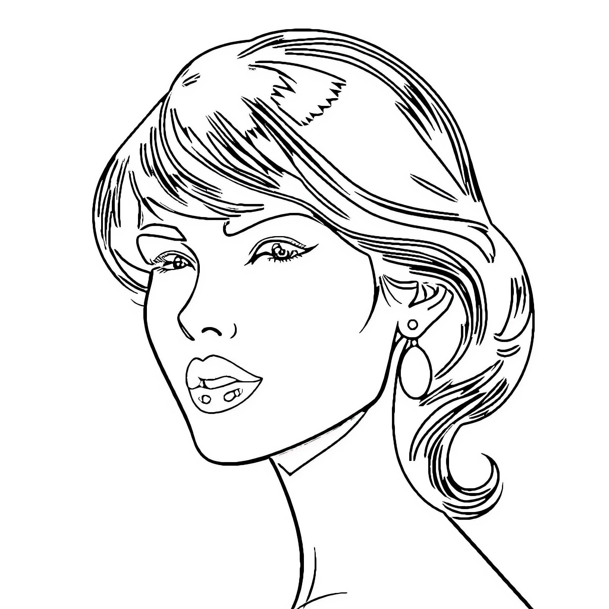 Woman with styled hair and elegant earrings Coloring Page (free black-and-white line drawing printable PDF for all, from beginners to advanced learners, including children, teens, adults, and seniors)