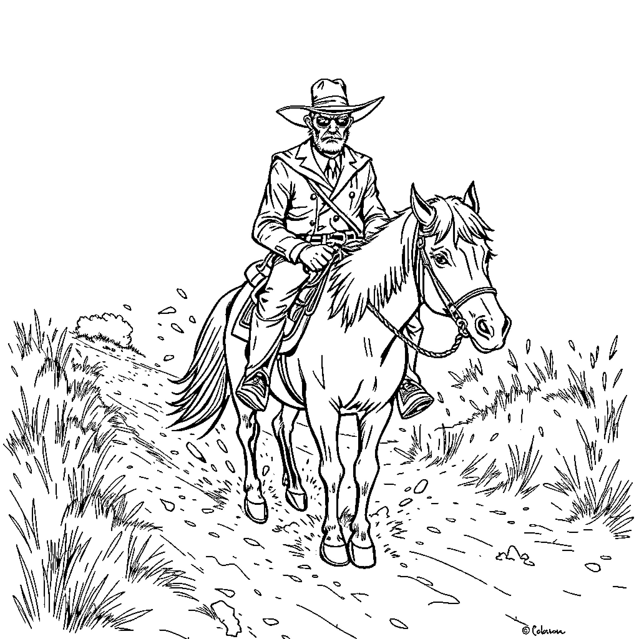 Man riding horse through western countryside Coloring Page (free black-and-white line drawing printable PDF for all, from beginners to advanced learners, including children, teens, adults, and seniors)