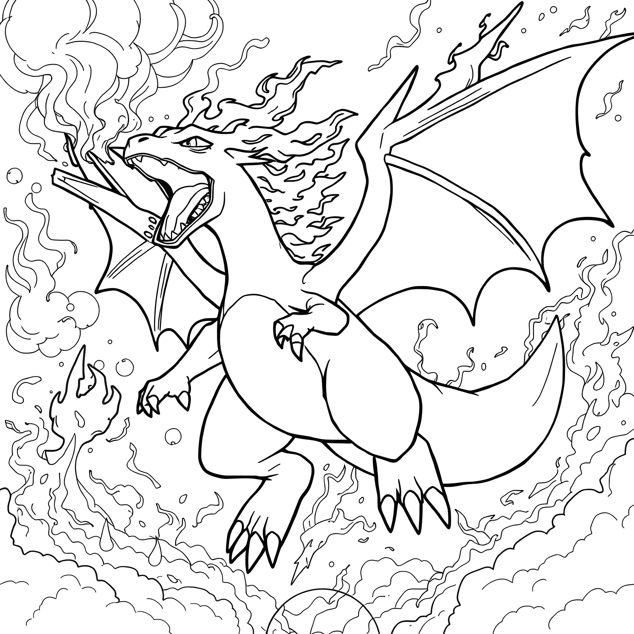 Charizard unleashing powerful flames in action Coloring Page (free black-and-white line drawing printable PDF for all, from beginners to advanced learners, including children, teens, adults, and seniors)
