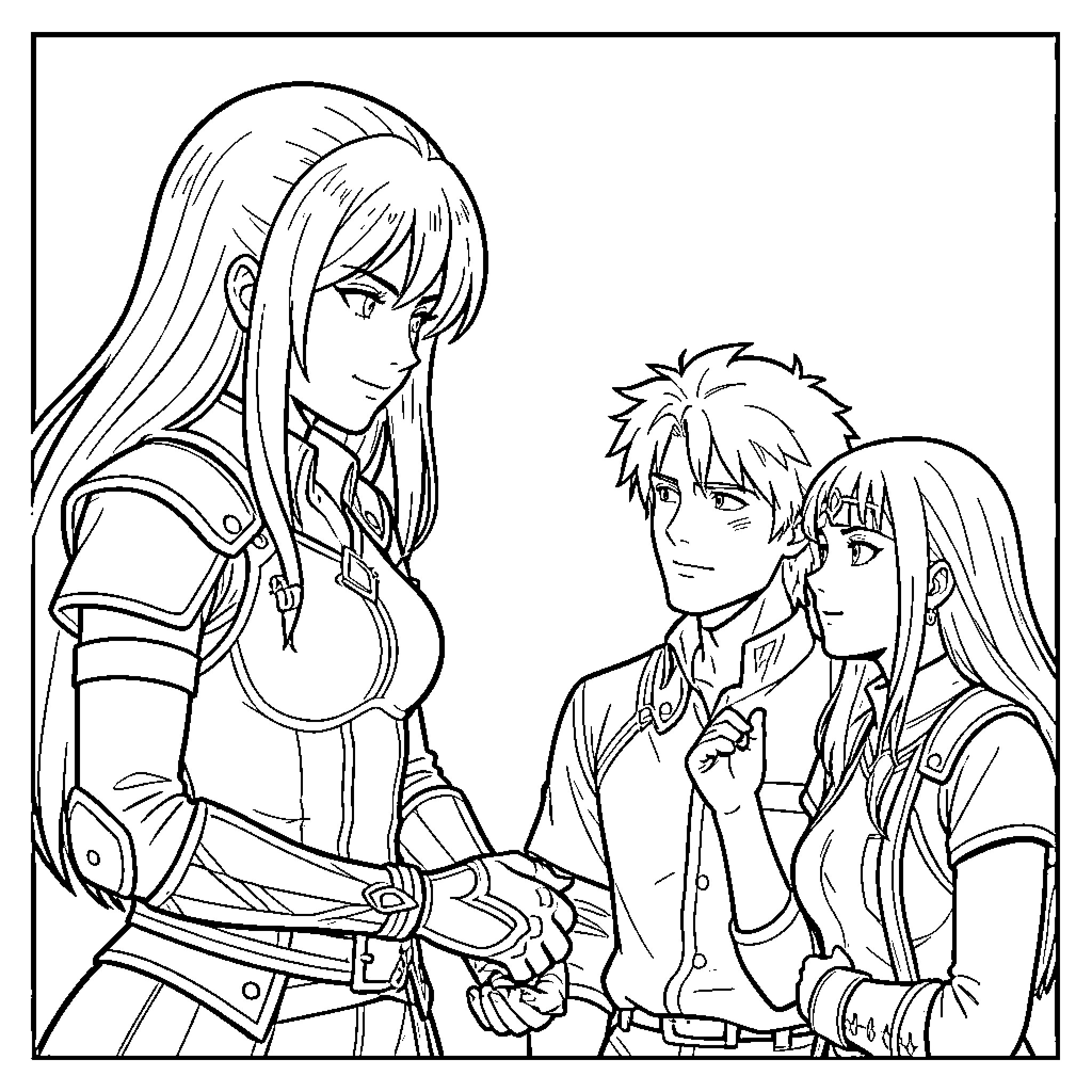 Erza interacting with two companions in armor Coloring Page (free black-and-white line drawing printable PDF for all, from beginners to advanced learners, including children, teens, adults, and seniors)