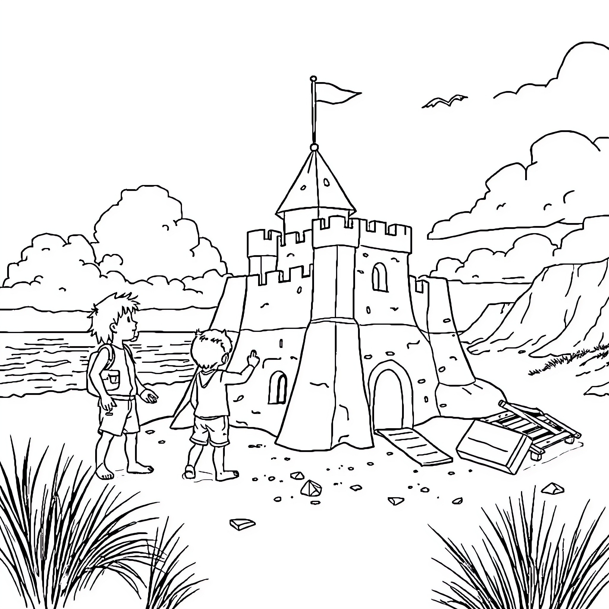Children building a sand castle at the beach Coloring Page (free black-and-white line drawing printable PDF for all, from beginners to advanced learners, including children, teens, adults, and seniors)