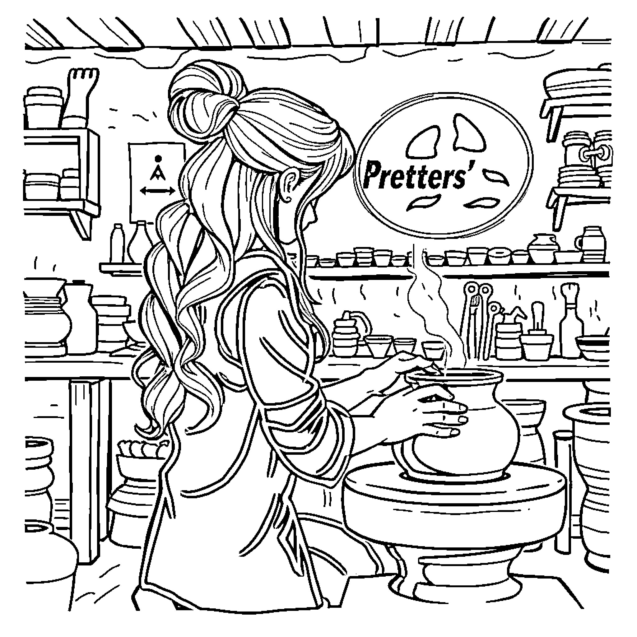 Pottery Girl Working on Her Craft Coloring Page (free black-and-white line drawing printable PDF for all, from beginners to advanced learners, including children, teens, adults, and seniors)