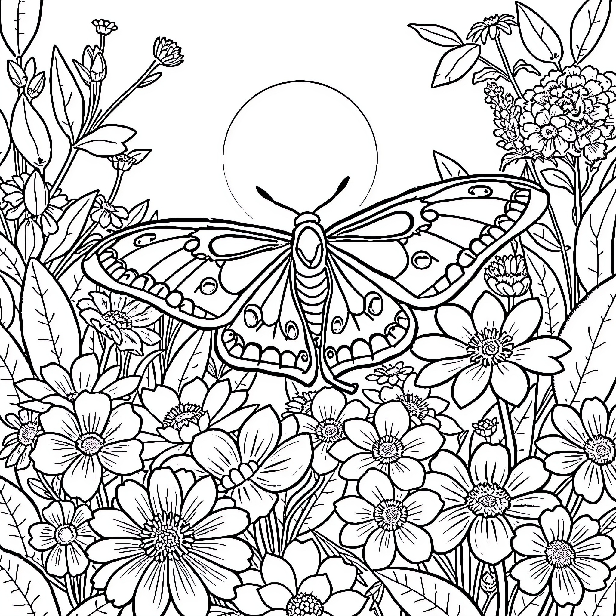 Lunar Moth among vibrant floral garden Coloring Page (free black-and-white line drawing printable PDF for all, from beginners to advanced learners, including children, teens, adults, and seniors)