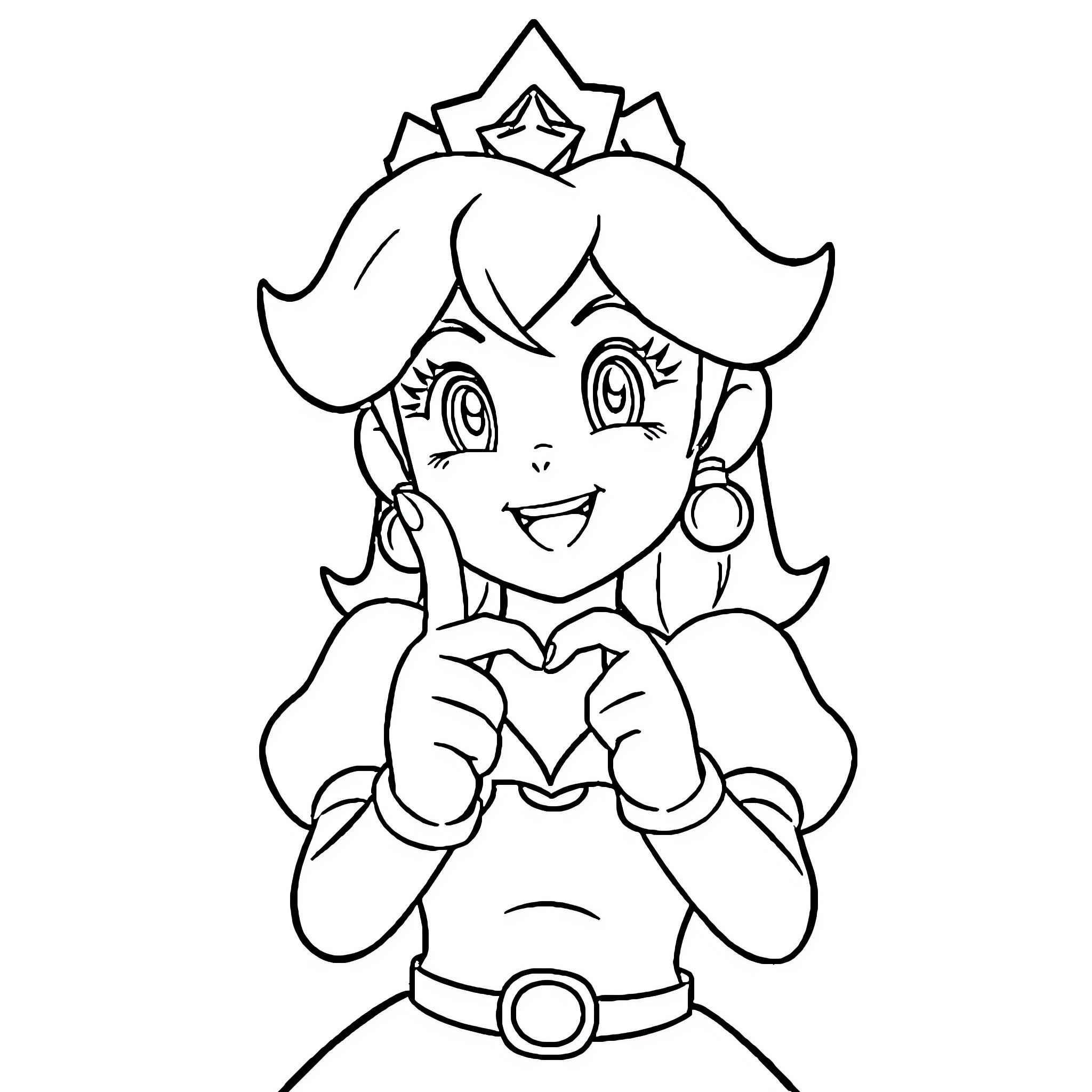 Princess Peach in a cheerful pose Coloring Page (free black-and-white line drawing printable PDF for all, from beginners to advanced learners, including children, teens, adults, and seniors)