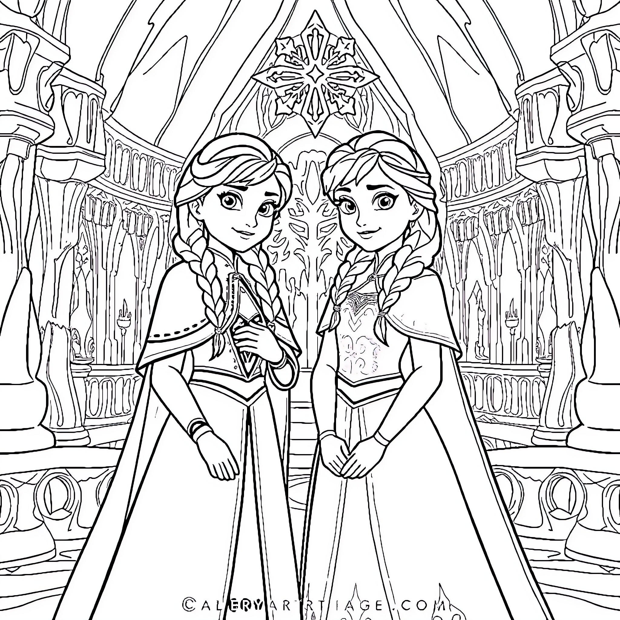 Anna and Elsa in Formal Attire Posing in Ornate Palace Coloring Page (free black-and-white line drawing printable PDF for all, from beginners to advanced learners, including children, teens, adults, and seniors)