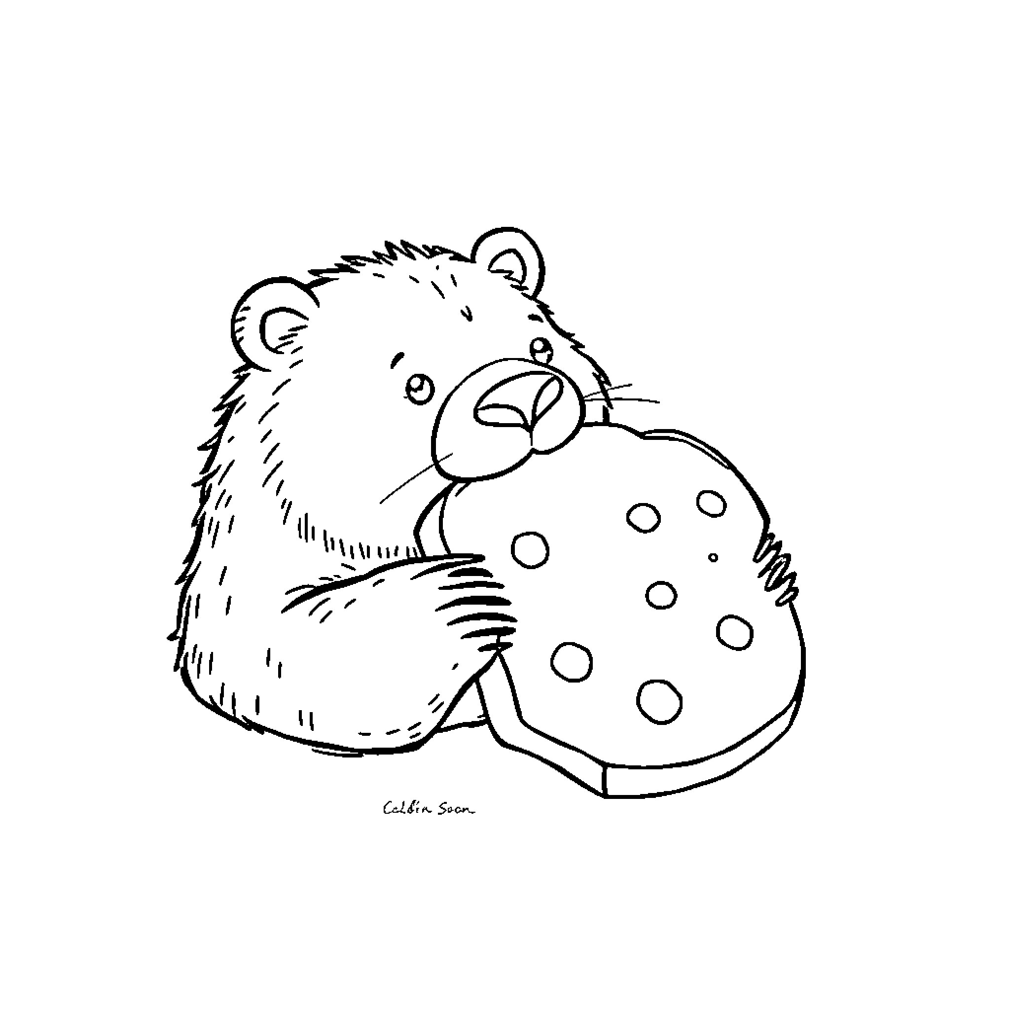 Waterbear snuggling a spotted mushroom Coloring Page (free black-and-white line drawing printable PDF for all, from beginners to advanced learners, including children, teens, adults, and seniors)