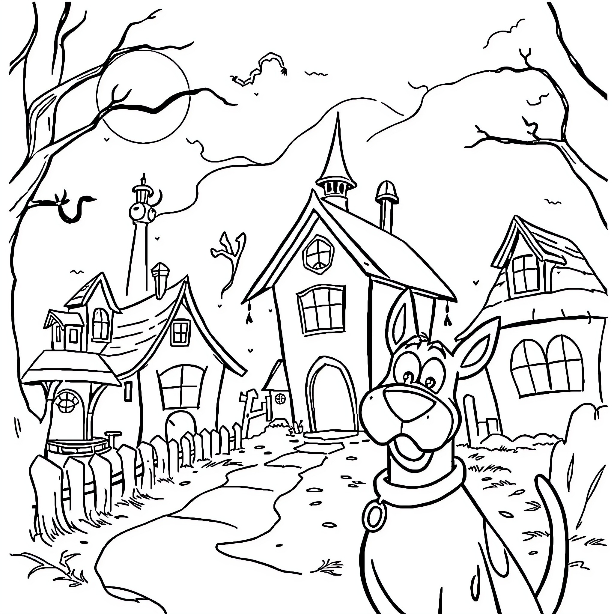Courage in a Whimsical Landscape Coloring Page (free black-and-white line drawing printable PDF for all, from beginners to advanced learners, including children, teens, adults, and seniors)