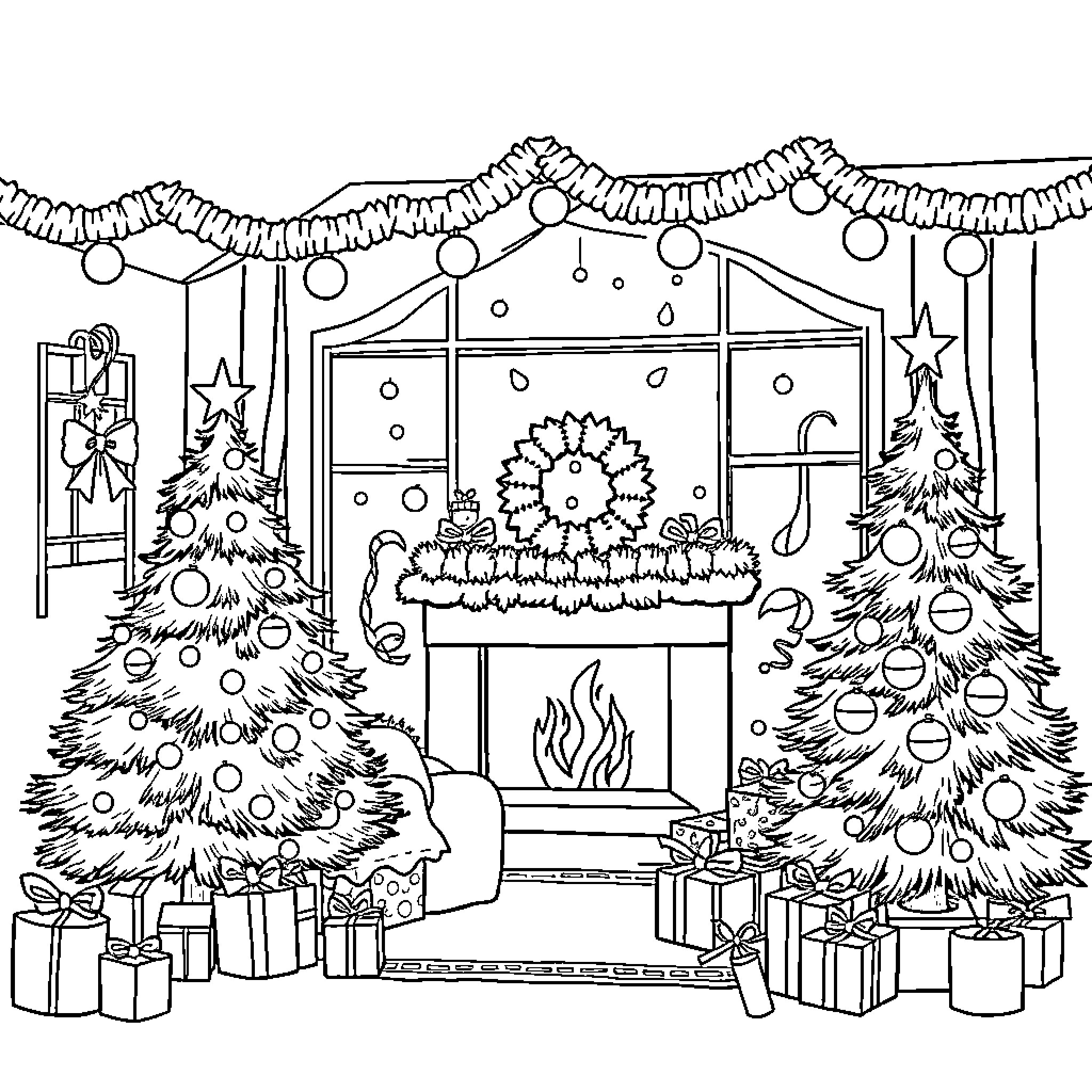 Christmas Scene with Decorated Trees and Fireplace Coloring Page (free black-and-white line drawing printable PDF for all, from beginners to advanced learners, including children, teens, adults, and seniors)