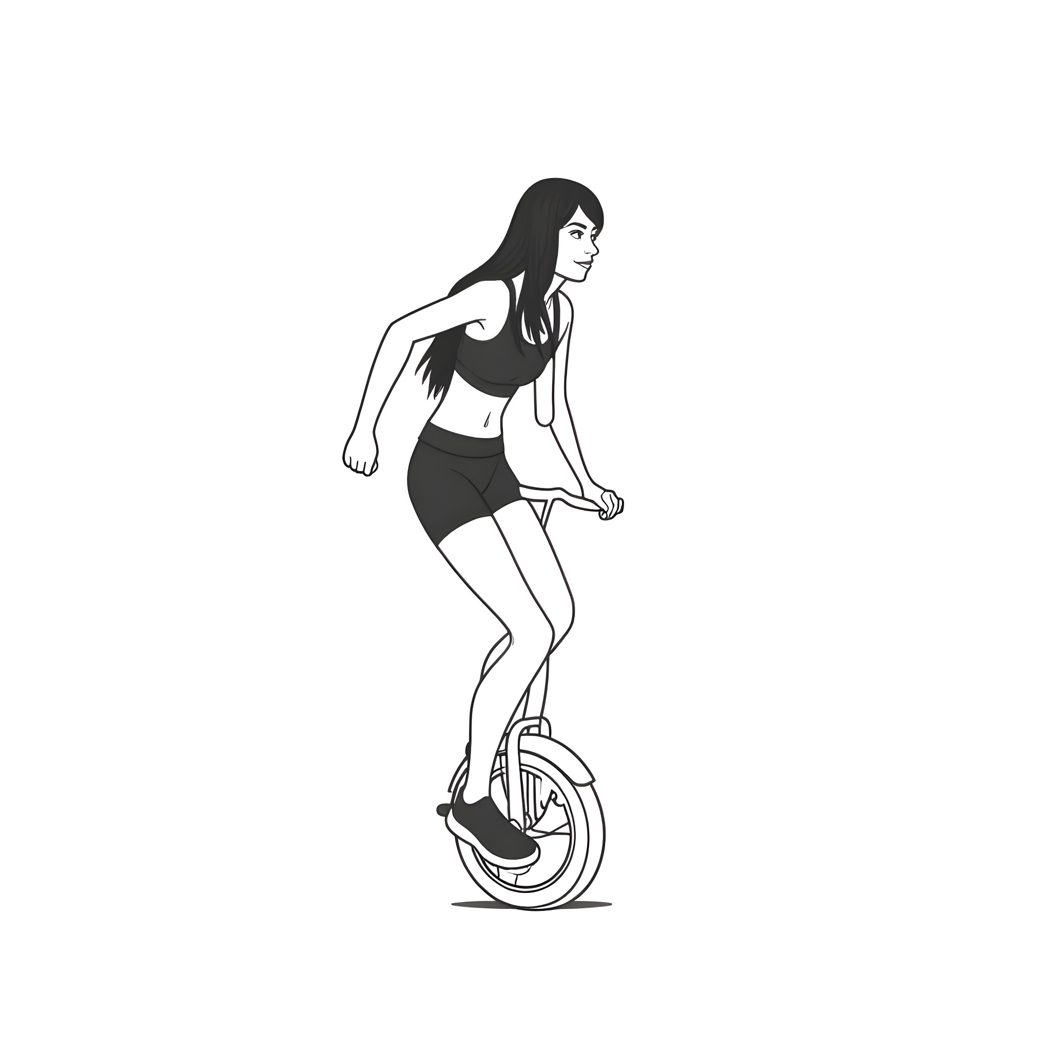 Girl riding on a unicycle Coloring Page (free black-and-white line drawing printable PDF for all, from beginners to advanced learners, including children, teens, adults, and seniors)