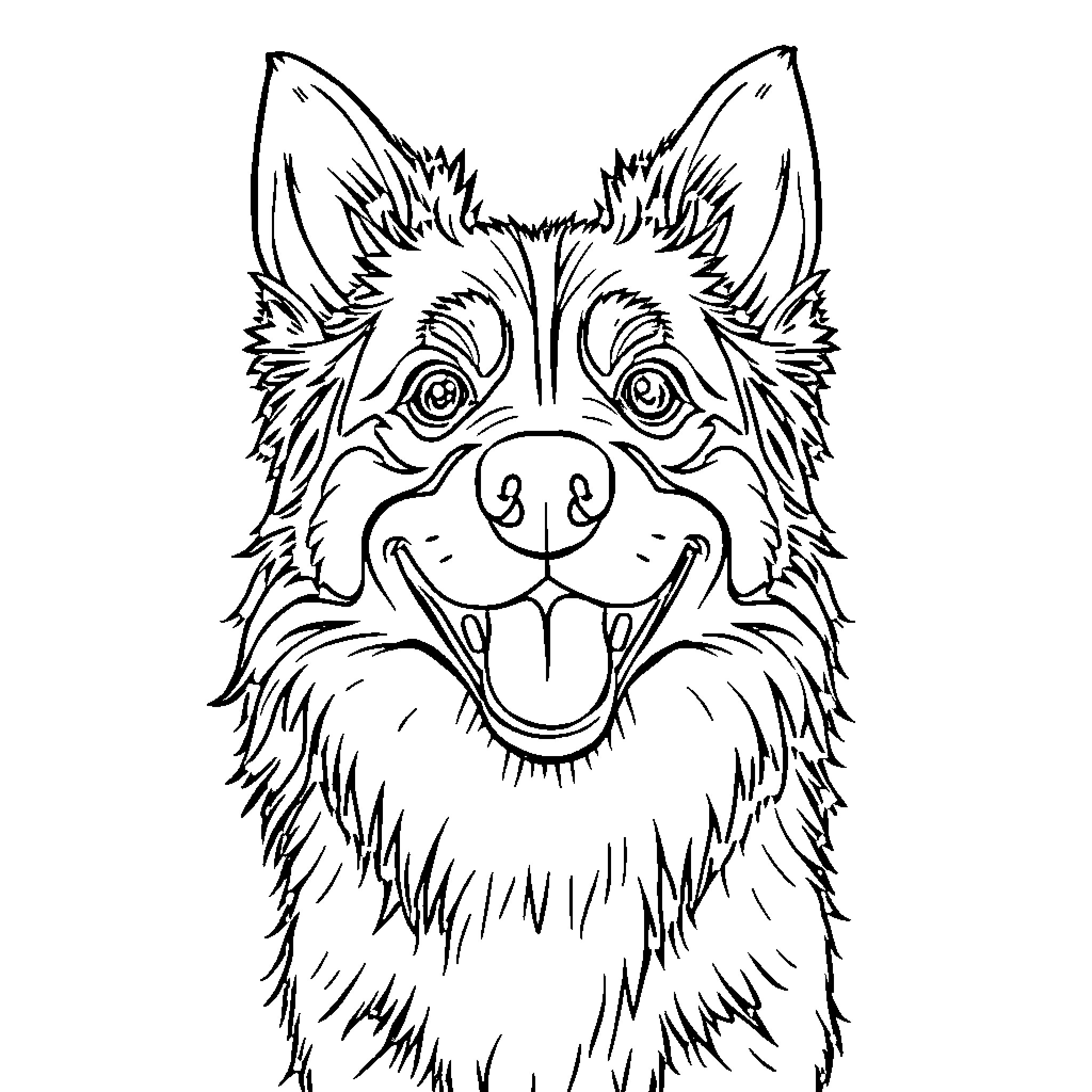 Australian Shepherd displaying friendly expression Coloring Page (free black-and-white line drawing printable PDF for all, from beginners to advanced learners, including children, teens, adults, and seniors)