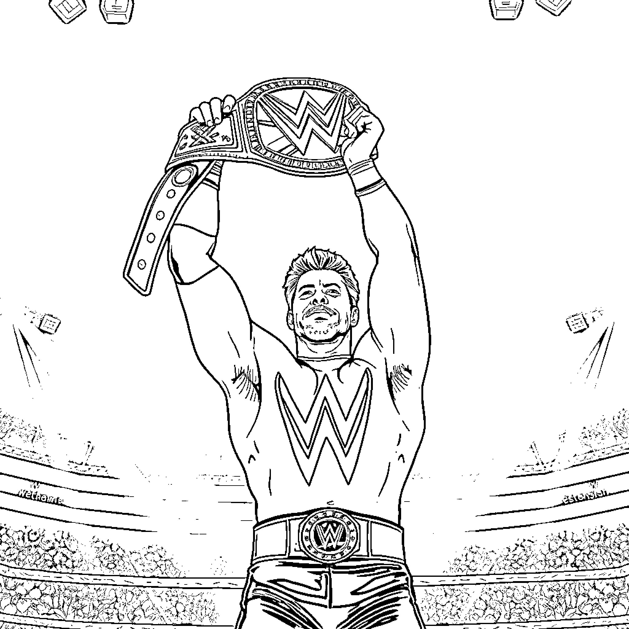 Cody Rhodes celebrating championship victory in the ring Coloring Page (free black-and-white line drawing printable PDF for all, from beginners to advanced learners, including children, teens, adults, and seniors)