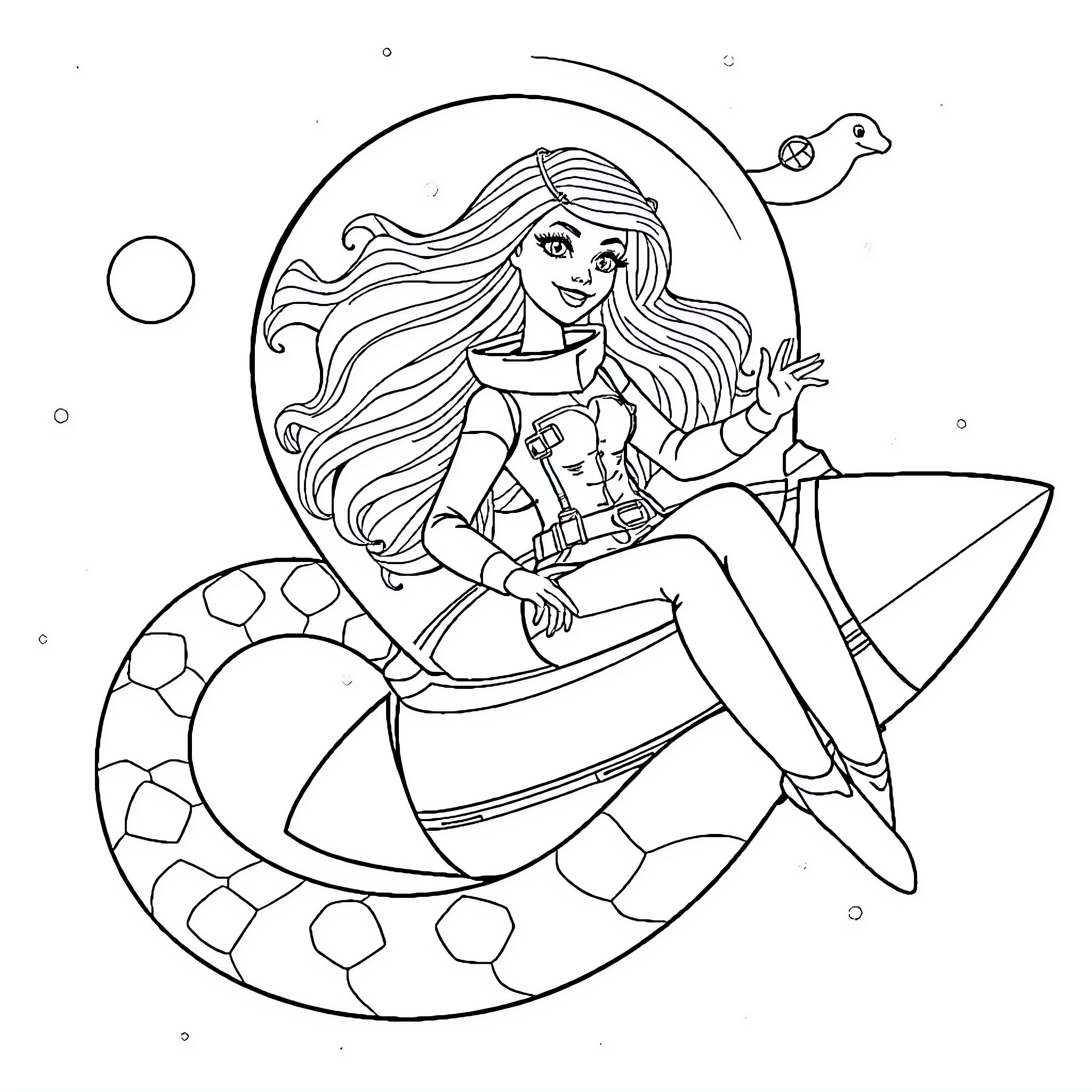Barbie surfing in cosmic dreamscape Coloring Page (free black-and-white line drawing printable PDF for all, from beginners to advanced learners, including children, teens, adults, and seniors)