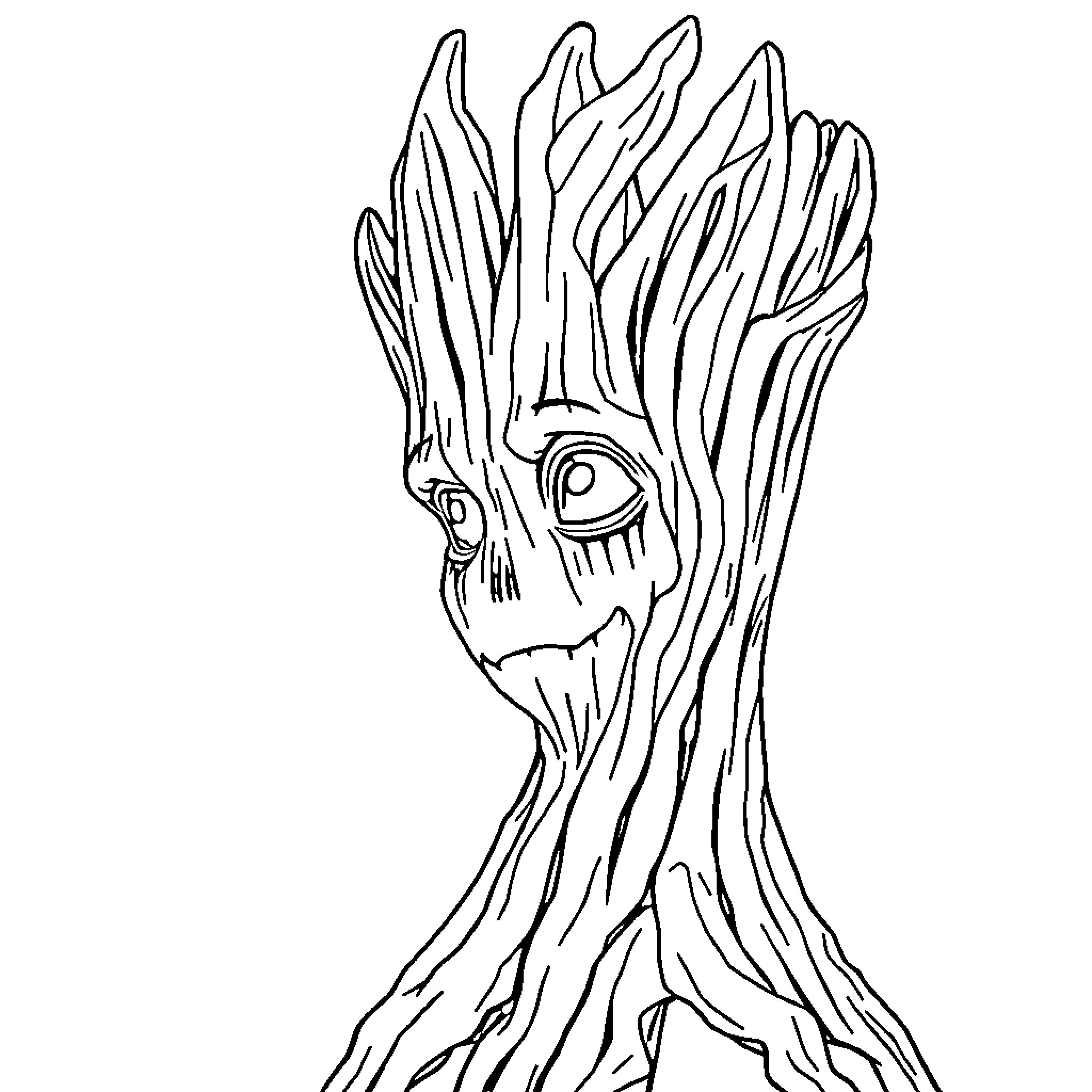 Parrot-like creature with expressive eyes in the woods Coloring Page (free black-and-white line drawing printable PDF for all, from beginners to advanced learners, including children, teens, adults, and seniors)