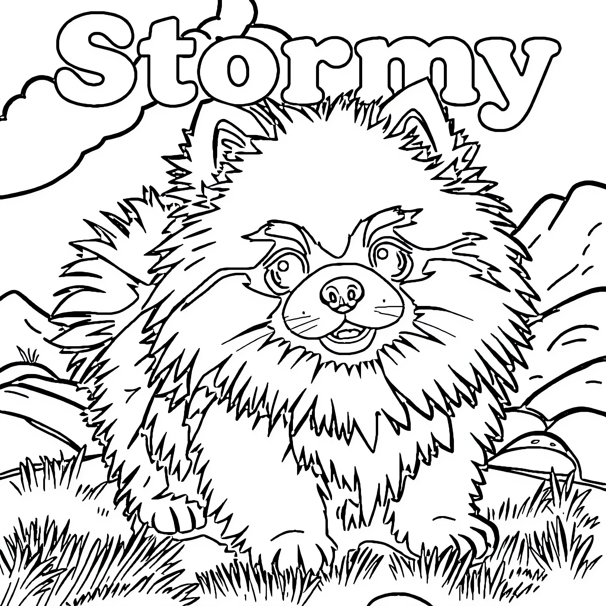 Pomeranian playing energetically in the field Coloring Page (free black-and-white line drawing printable PDF for all, from beginners to advanced learners, including children, teens, adults, and seniors)