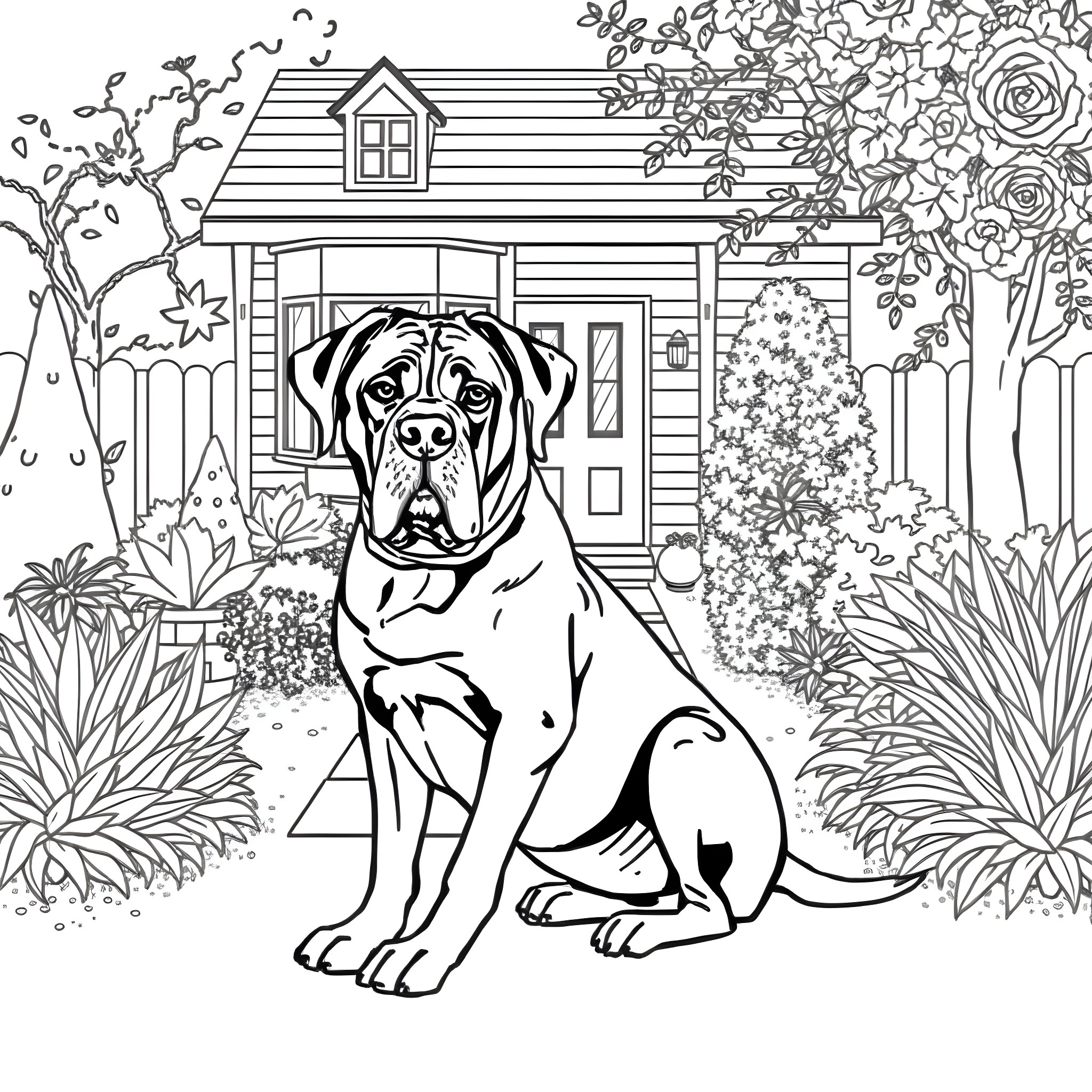 Mastiff in a Quaint Cottage Garden Coloring Page (free black-and-white line drawing printable PDF for all, from beginners to advanced learners, including children, teens, adults, and seniors)