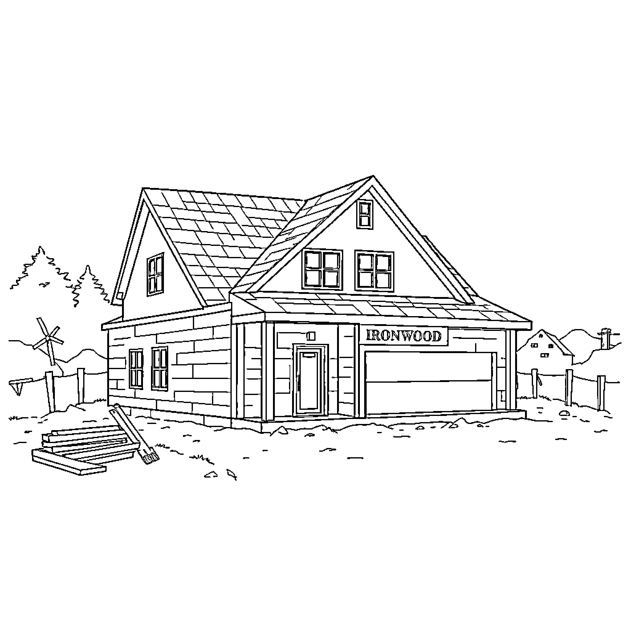House with Ironwood sign and outdoor scene Coloring Page (free black-and-white line drawing printable PDF for all, from beginners to advanced learners, including children, teens, adults, and seniors)