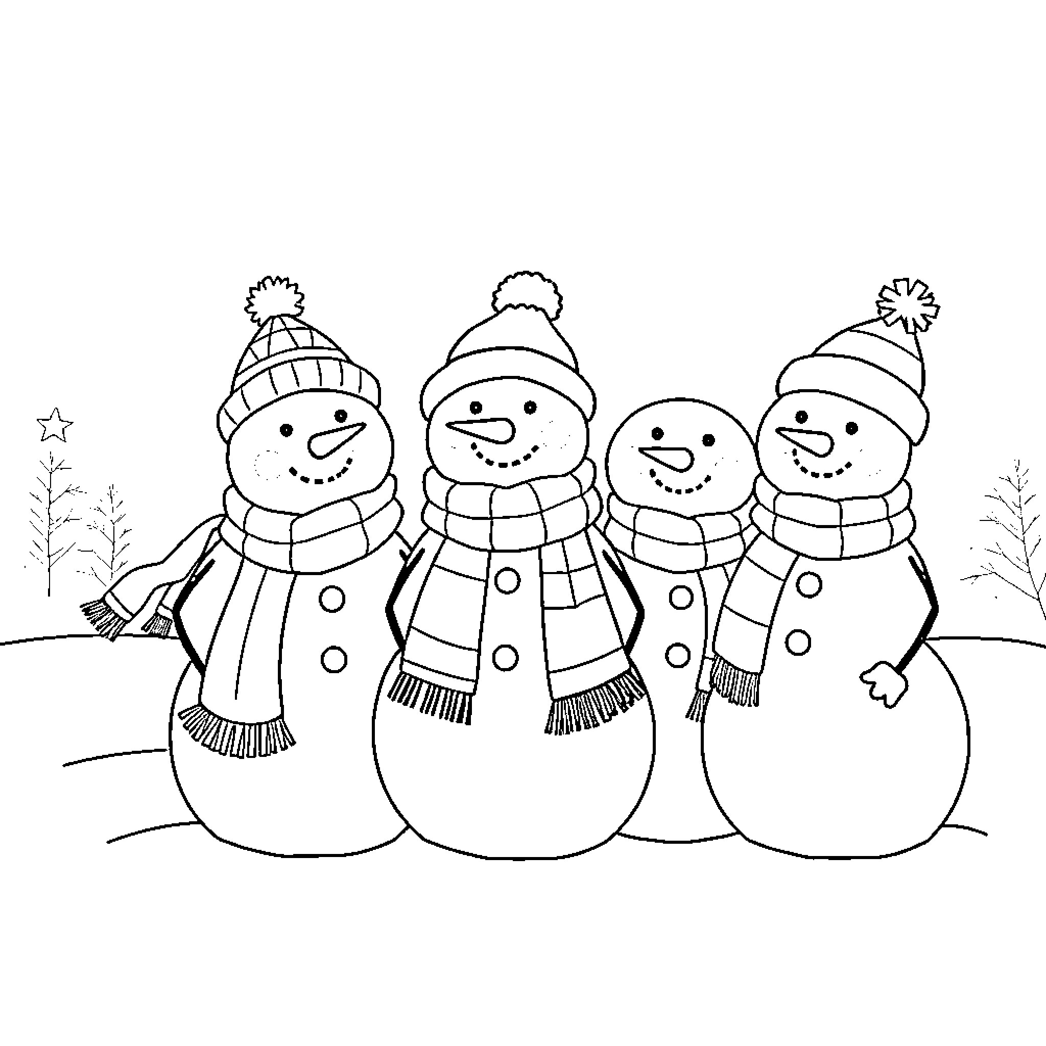 Snowman friends enjoying the winter scenery Coloring Page (free black-and-white line drawing printable PDF for all, from beginners to advanced learners, including children, teens, adults, and seniors)