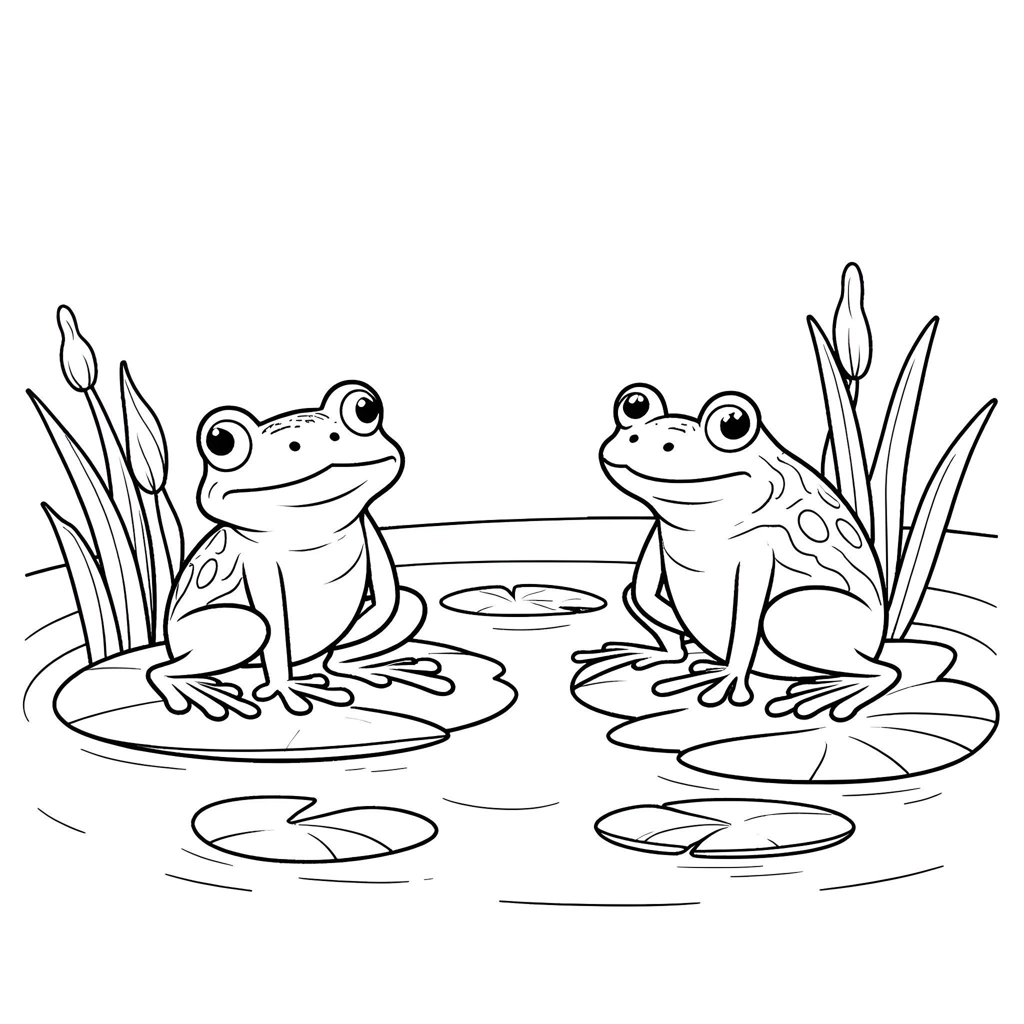 Frog friends relaxing on lily pads Coloring Page (free black-and-white line drawing printable PDF for all, from beginners to advanced learners, including children, teens, adults, and seniors)