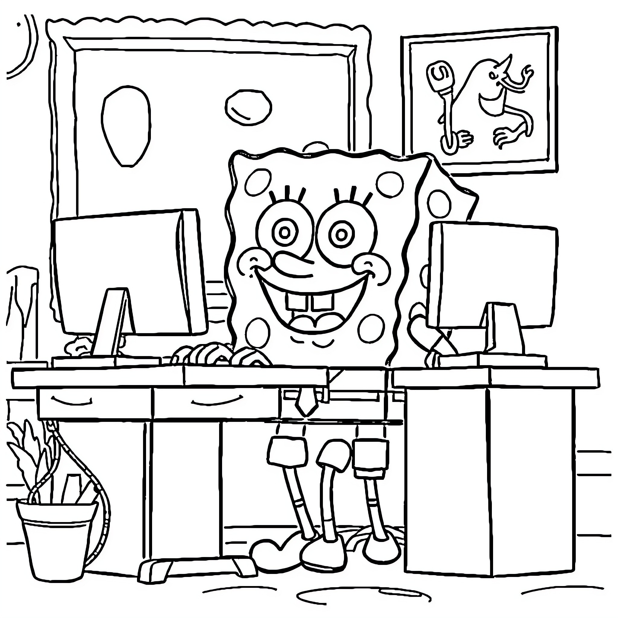 Spongebob working happily at his computer desk Coloring Page (free black-and-white line drawing printable PDF for all, from beginners to advanced learners, including children, teens, adults, and seniors)