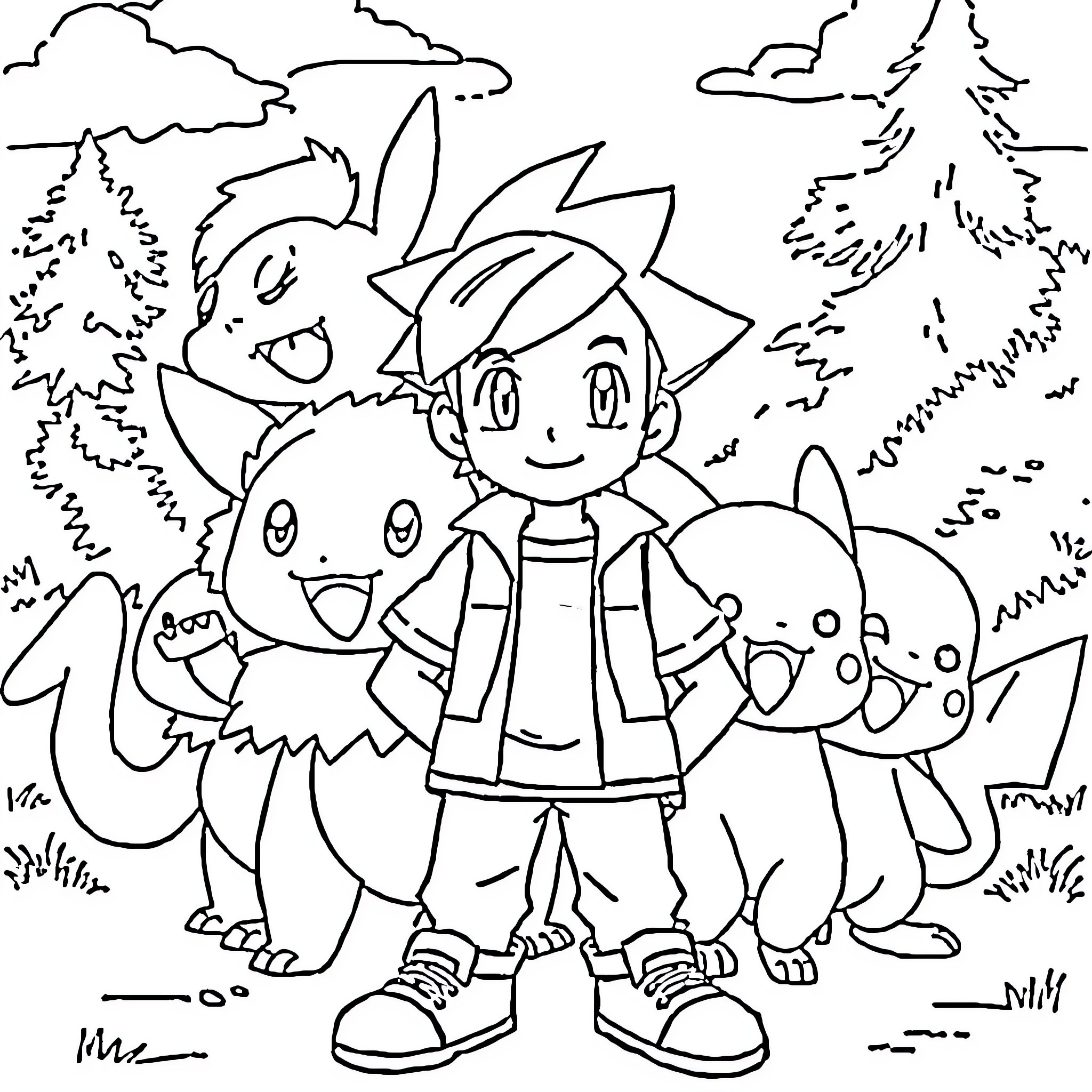 Ash Ketchum and his Pokemon companions in the forest Coloring Page (free black-and-white line drawing printable PDF for all, from beginners to advanced learners, including children, teens, adults, and seniors)