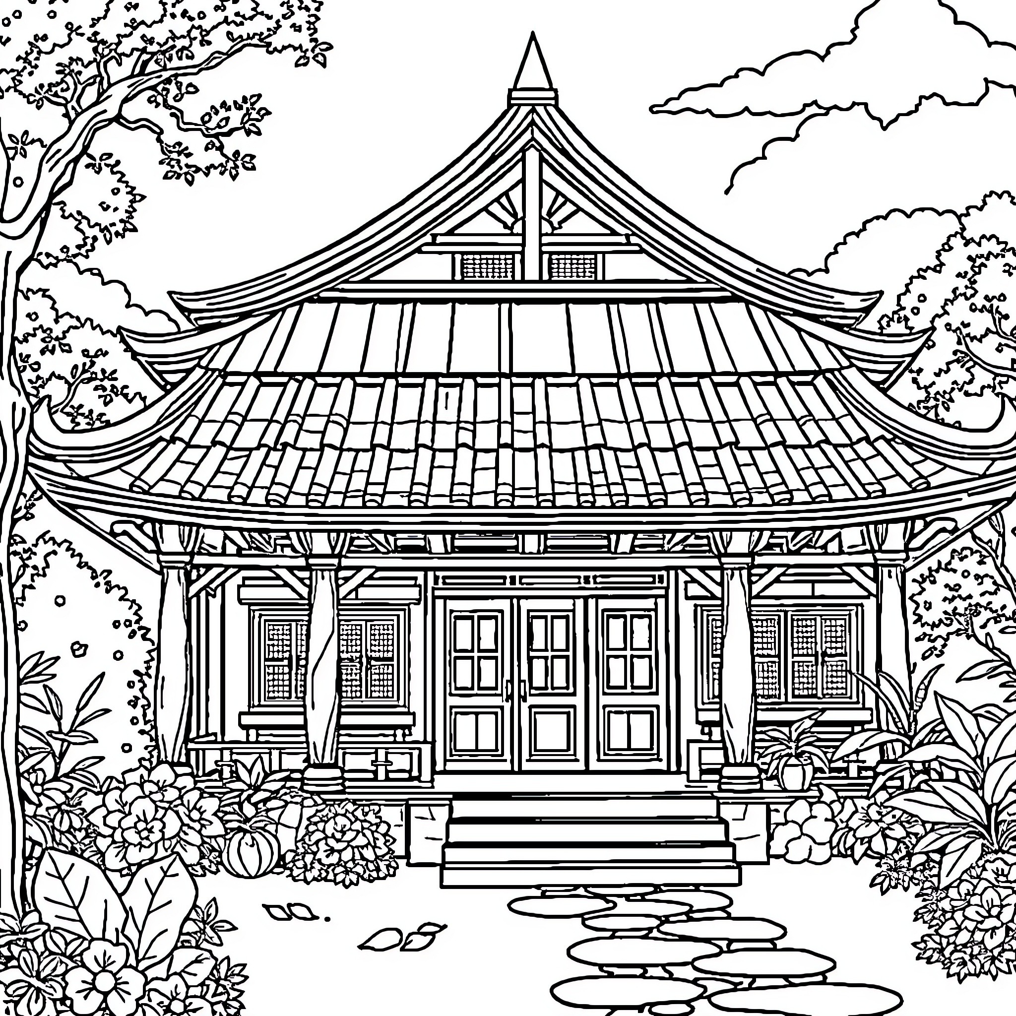 House with Ornate Roof and Surrounding Foliage Coloring Page (free black-and-white line drawing printable PDF for all, from beginners to advanced learners, including children, teens, adults, and seniors)