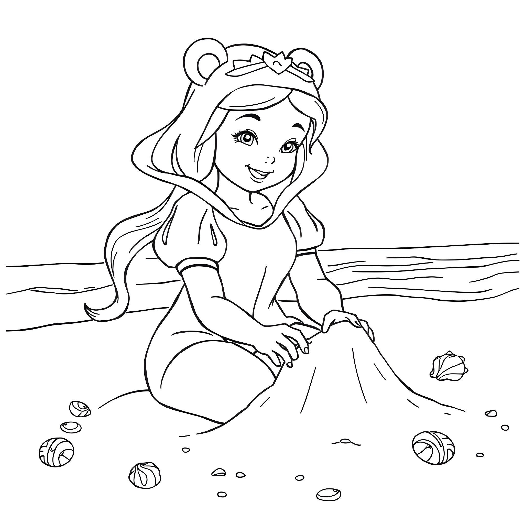 Snowwhite enjoys a day by the beach Coloring Page (free black-and-white line drawing printable PDF for all, from beginners to advanced learners, including children, teens, adults, and seniors)