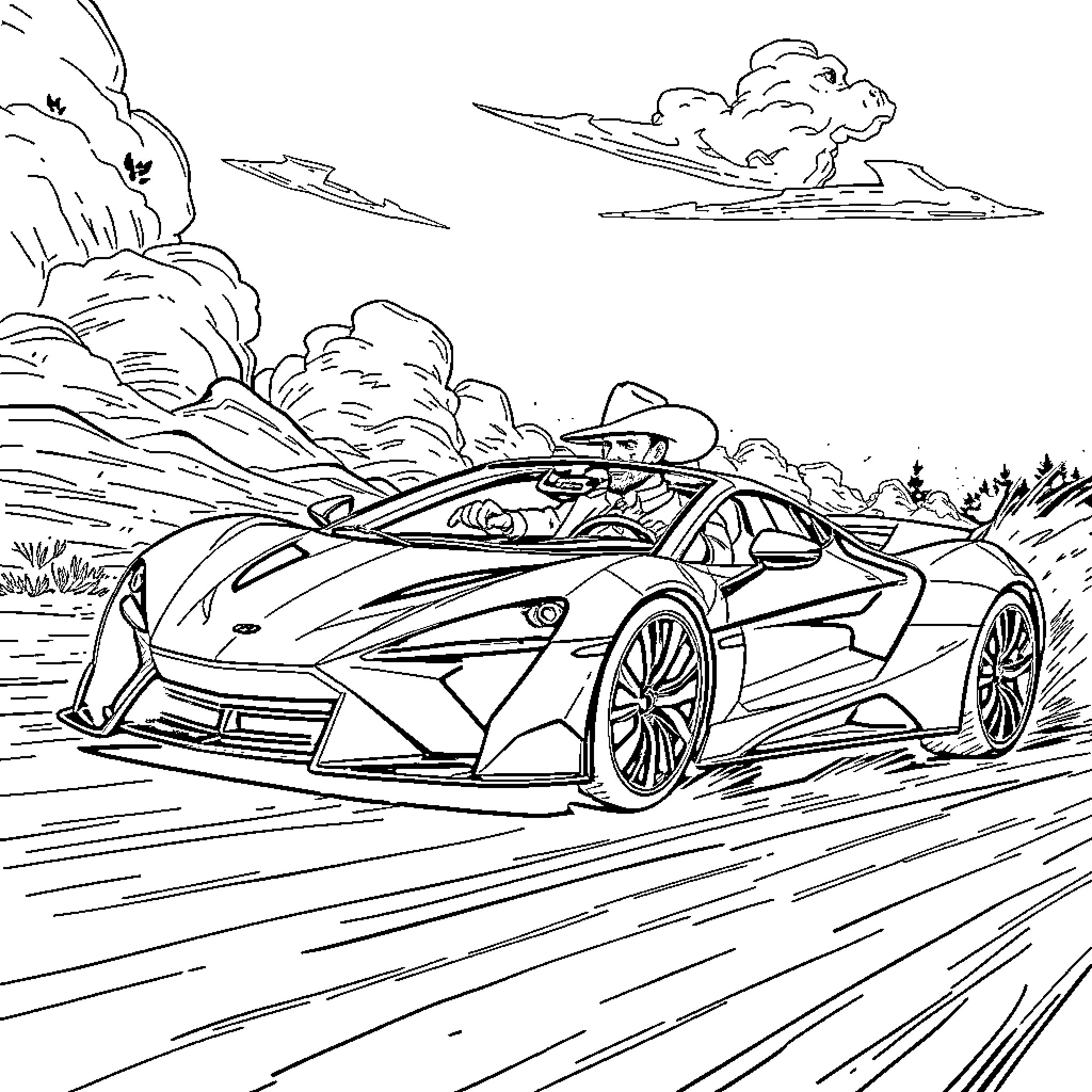 Cowboy riding a futuristic sports car on the open road Coloring Page (free black-and-white line drawing printable PDF for all, from beginners to advanced learners, including children, teens, adults, and seniors)