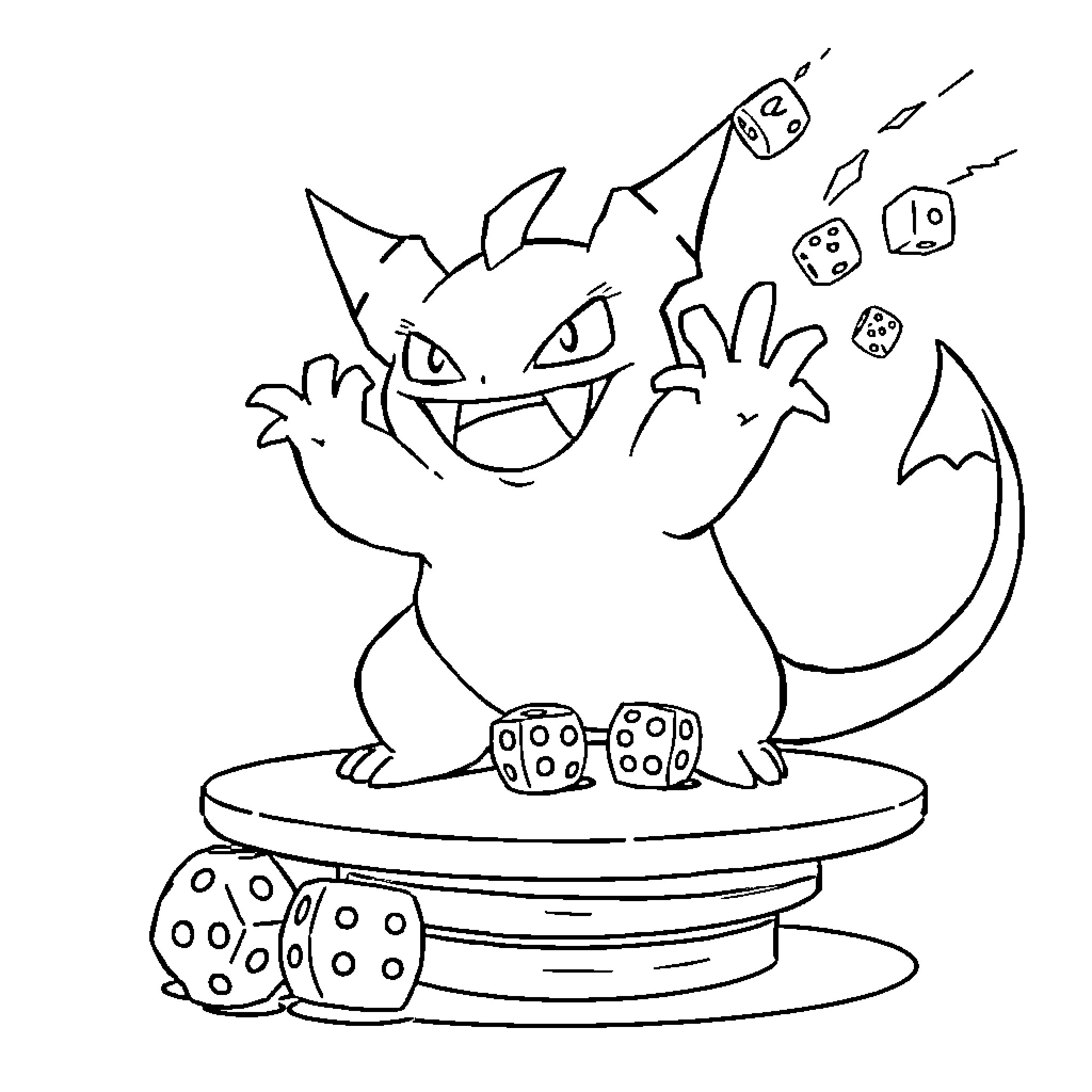 Gengar playing with dice on a platform Coloring Page (free black-and-white line drawing printable PDF for all, from beginners to advanced learners, including children, teens, adults, and seniors)