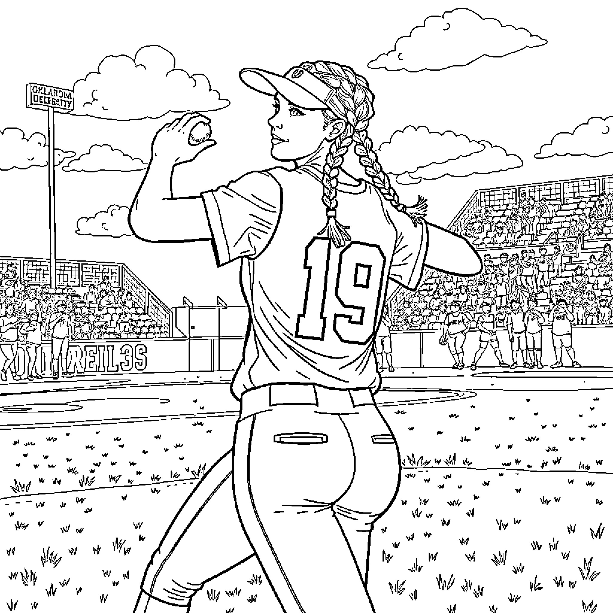 Softball Player Celebrating Winning on the Field Coloring Page (free black-and-white line drawing printable PDF for all, from beginners to advanced learners, including children, teens, adults, and seniors)