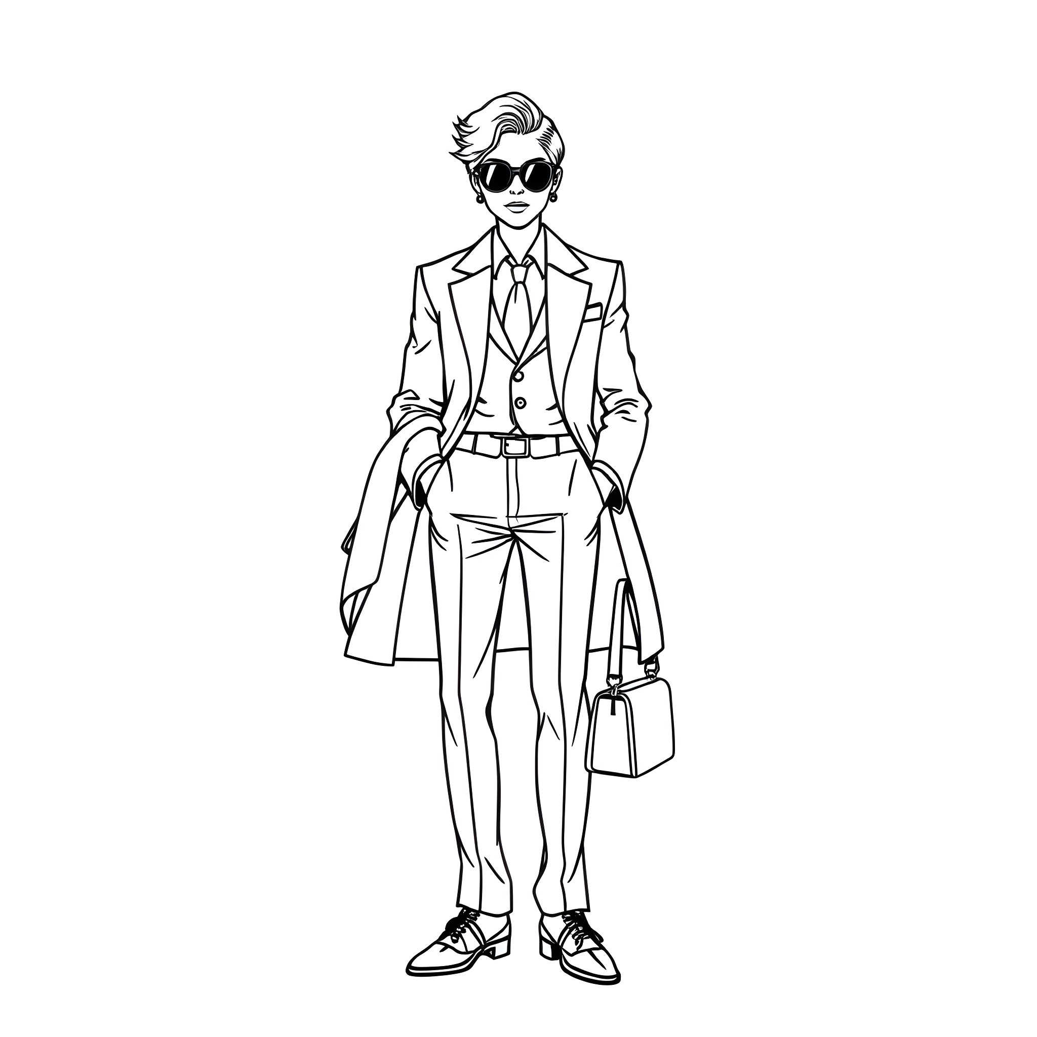 Dressed in fashion with confidence Coloring Page (free black-and-white line drawing printable PDF for all, from beginners to advanced learners, including children, teens, adults, and seniors)