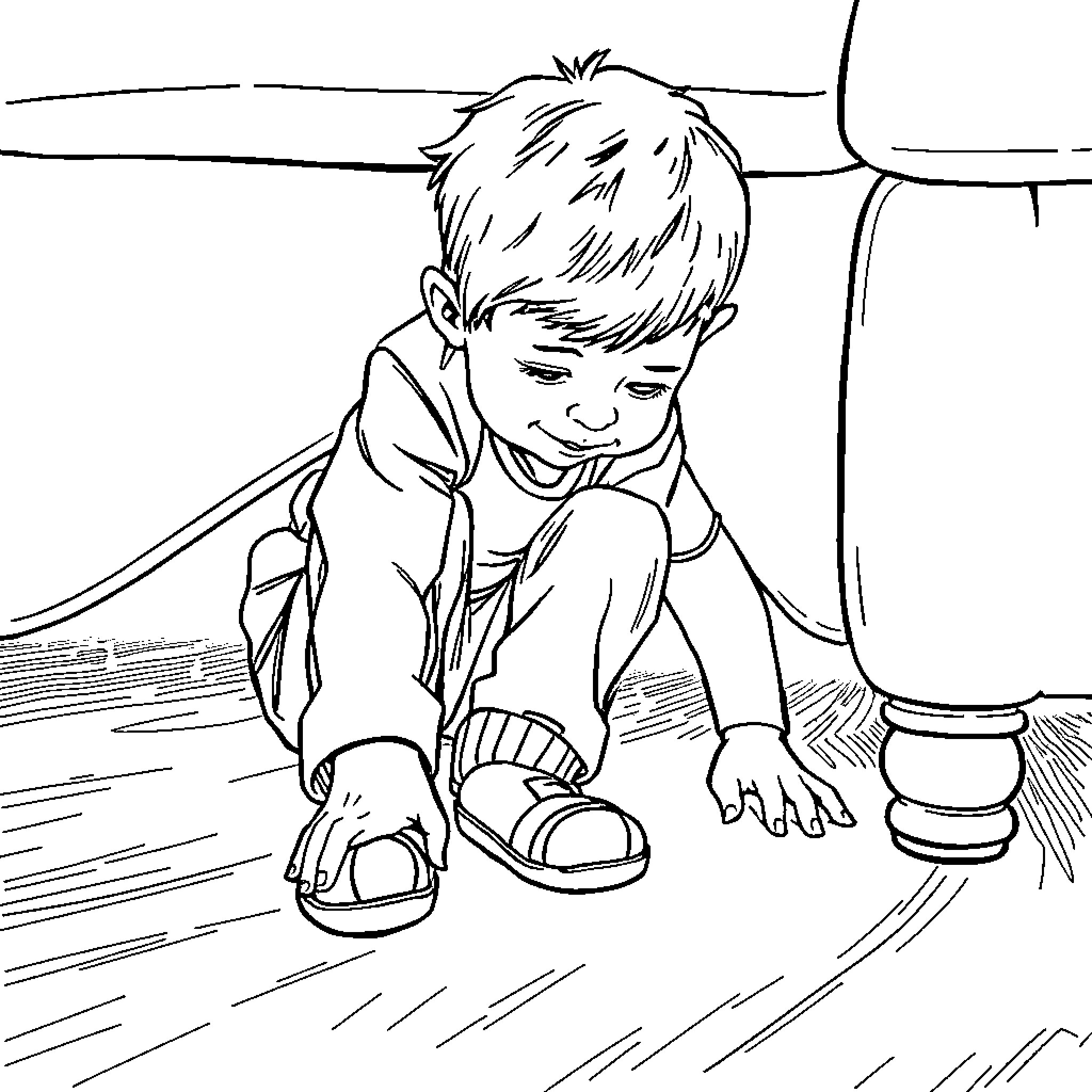 Boy sitting on the floor and tying his shoes Coloring Page (free black-and-white line drawing printable PDF for all, from beginners to advanced learners, including children, teens, adults, and seniors)