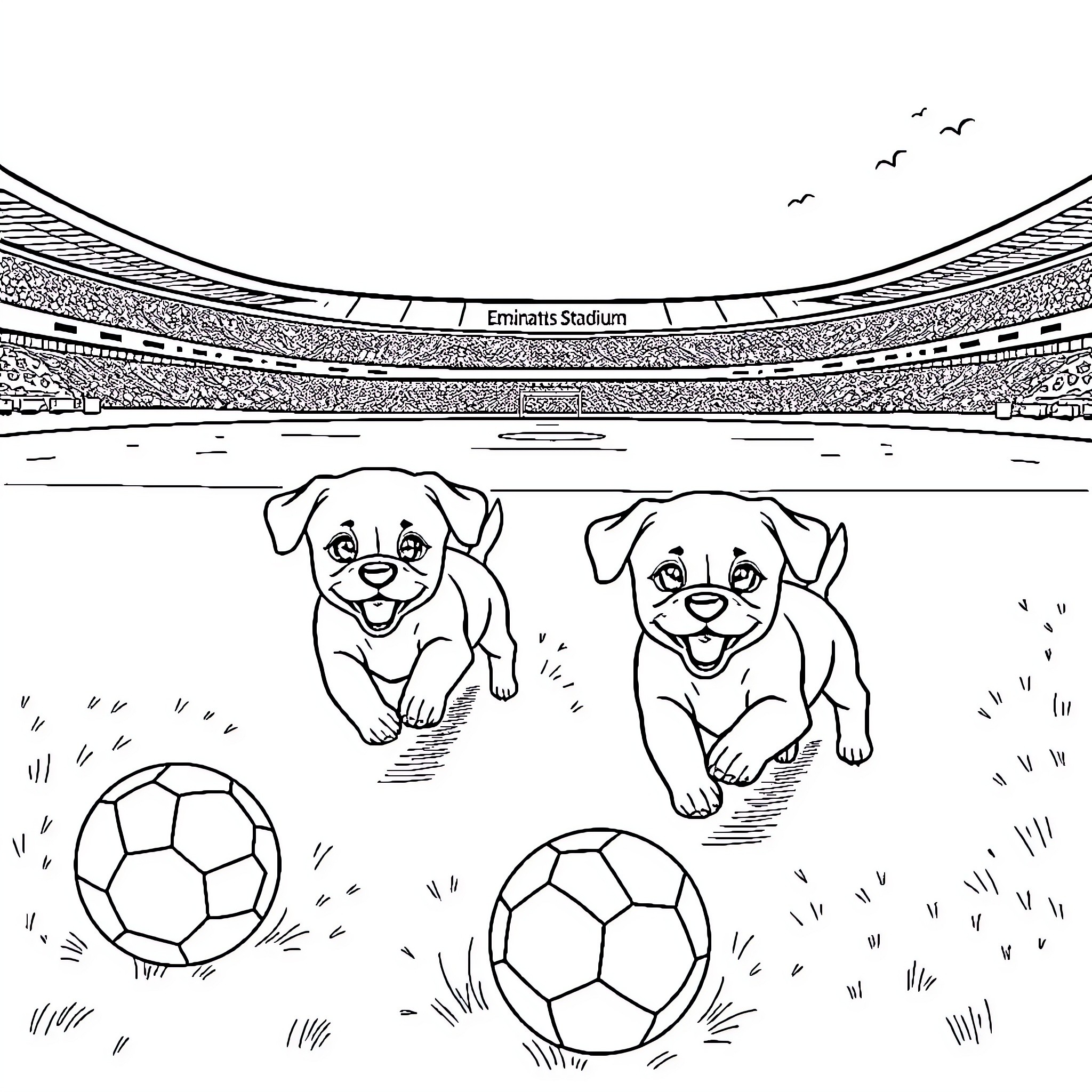 Puppies playing energetically on a soccer field Coloring Page (free black-and-white line drawing printable PDF for all, from beginners to advanced learners, including children, teens, adults, and seniors)