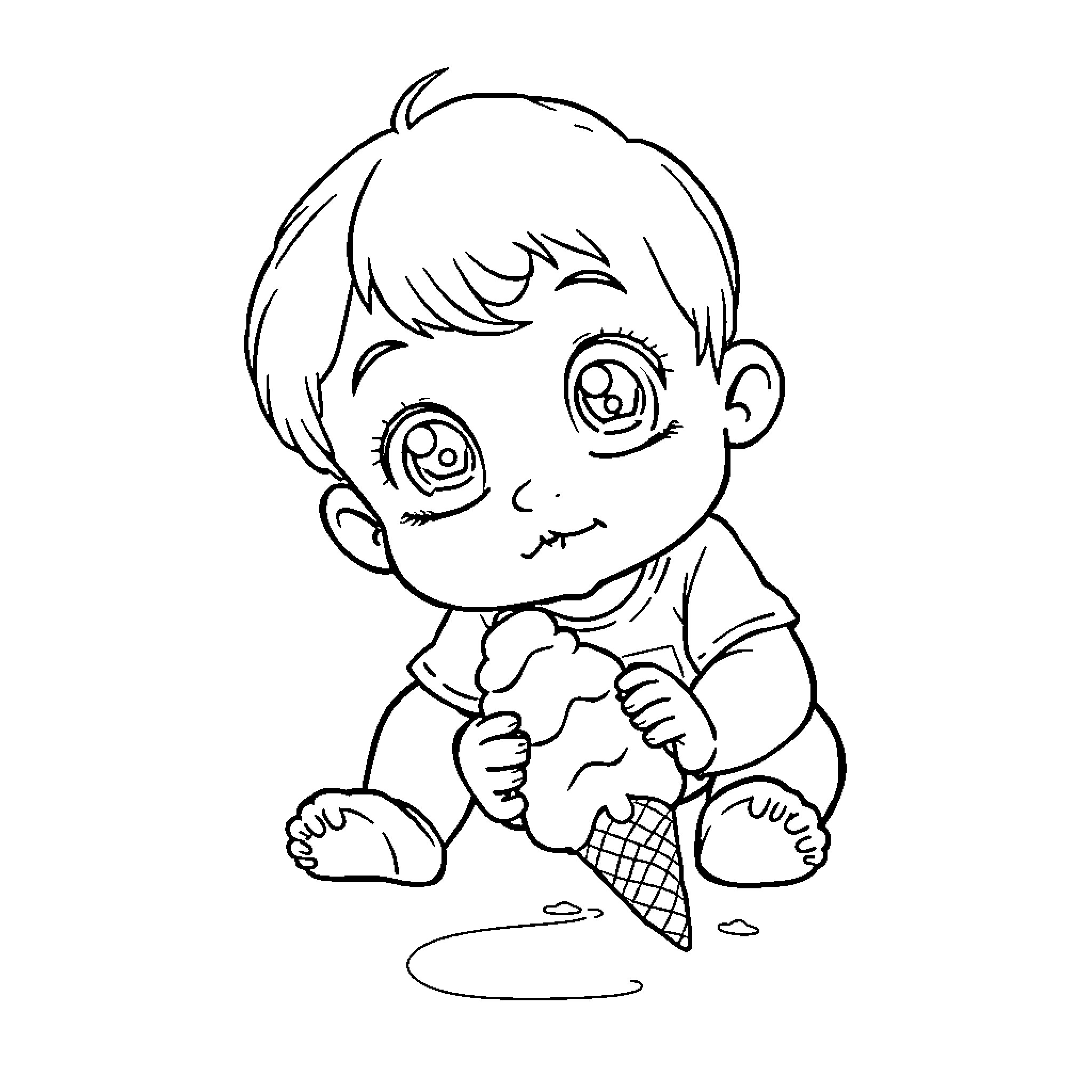 Toddler playing happily on the ground Coloring Page (free black-and-white line drawing printable PDF for all, from beginners to advanced learners, including children, teens, adults, and seniors)