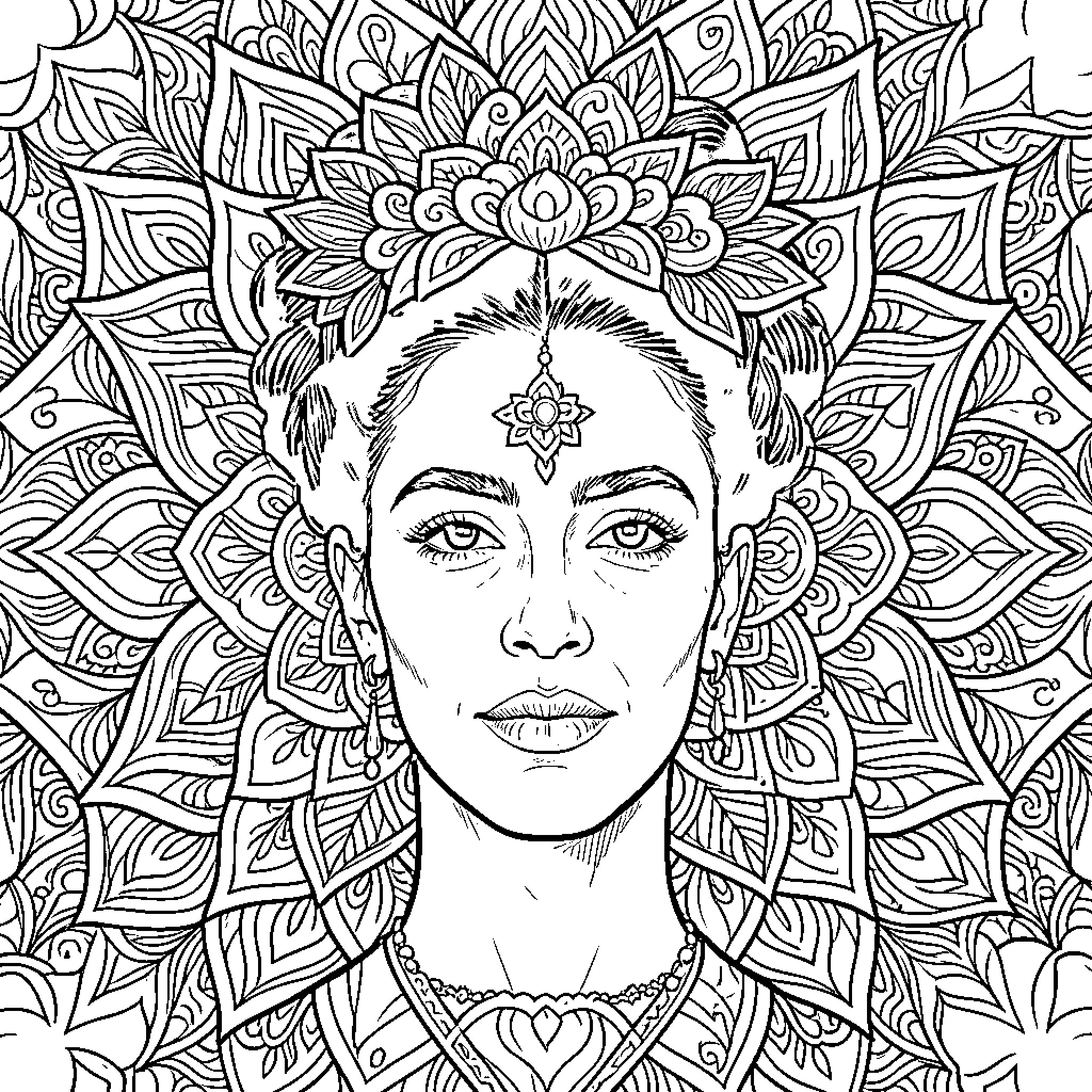 Frida Kahlo's Intricate Artistic Expression Coloring Page (free black-and-white line drawing printable PDF for all, from beginners to advanced learners, including children, teens, adults, and seniors)