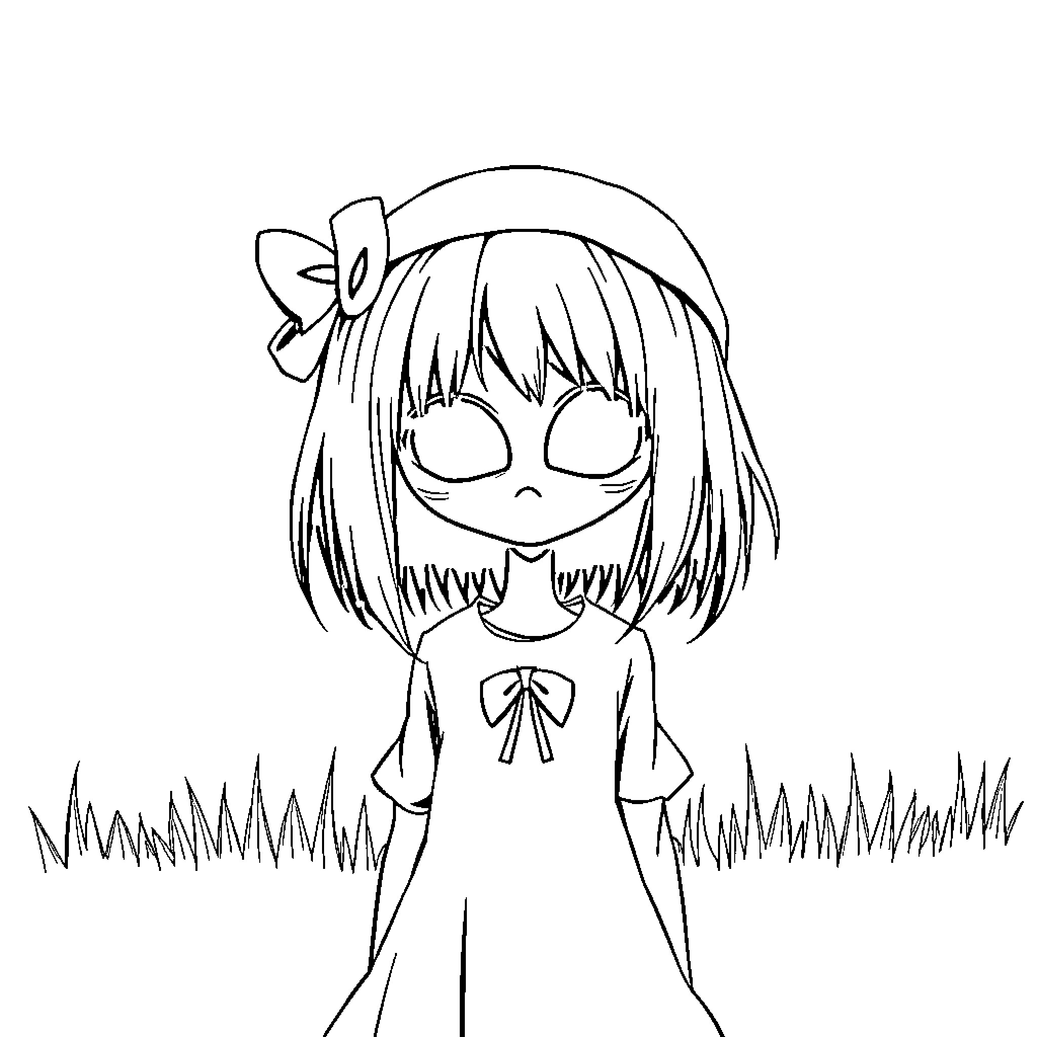 Anime Girl with Bow and Grass Coloring Page (free black-and-white line drawing printable PDF for all, from beginners to advanced learners, including children, teens, adults, and seniors)