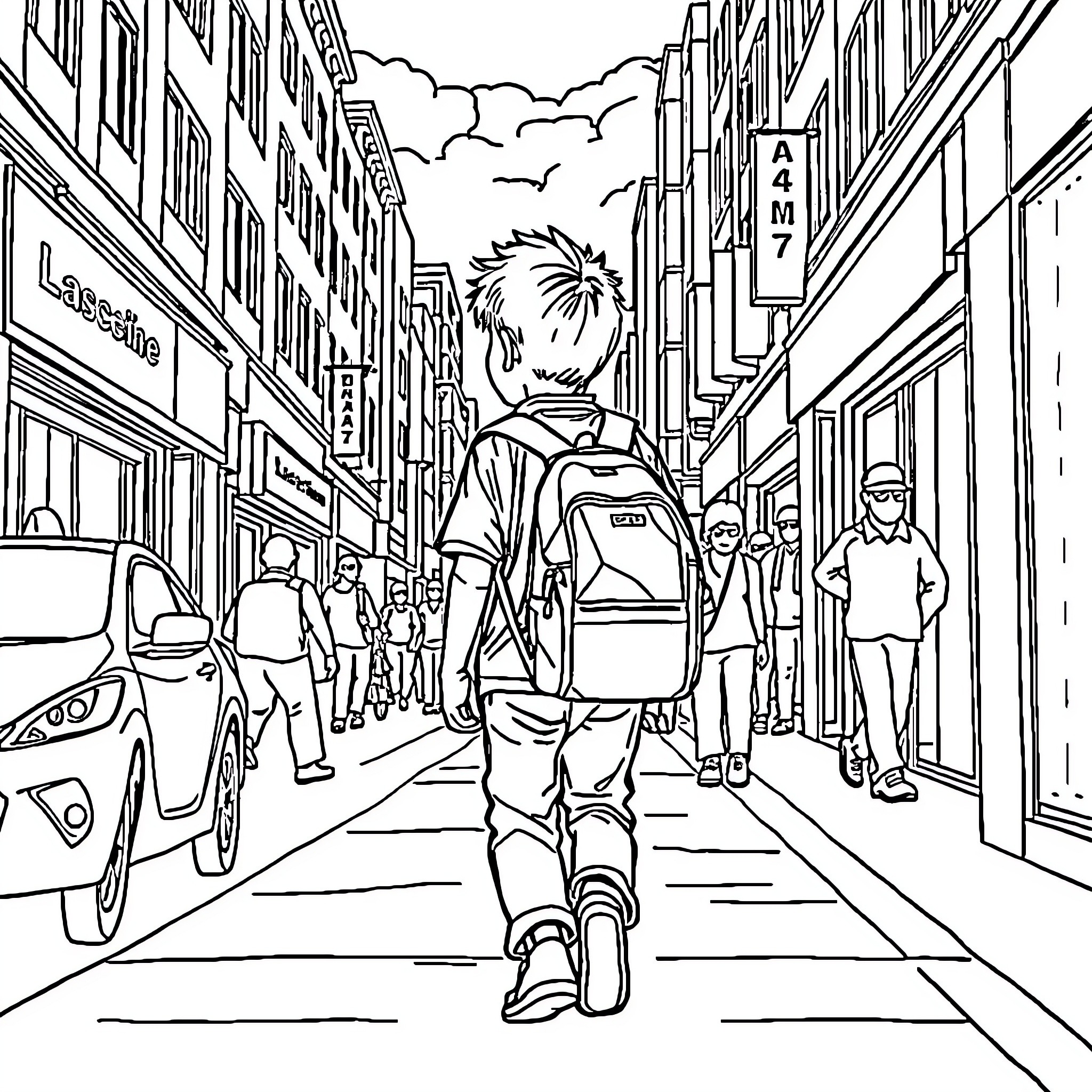 Boy exploring the busy city streets Coloring Page (free black-and-white line drawing printable PDF for all, from beginners to advanced learners, including children, teens, adults, and seniors)