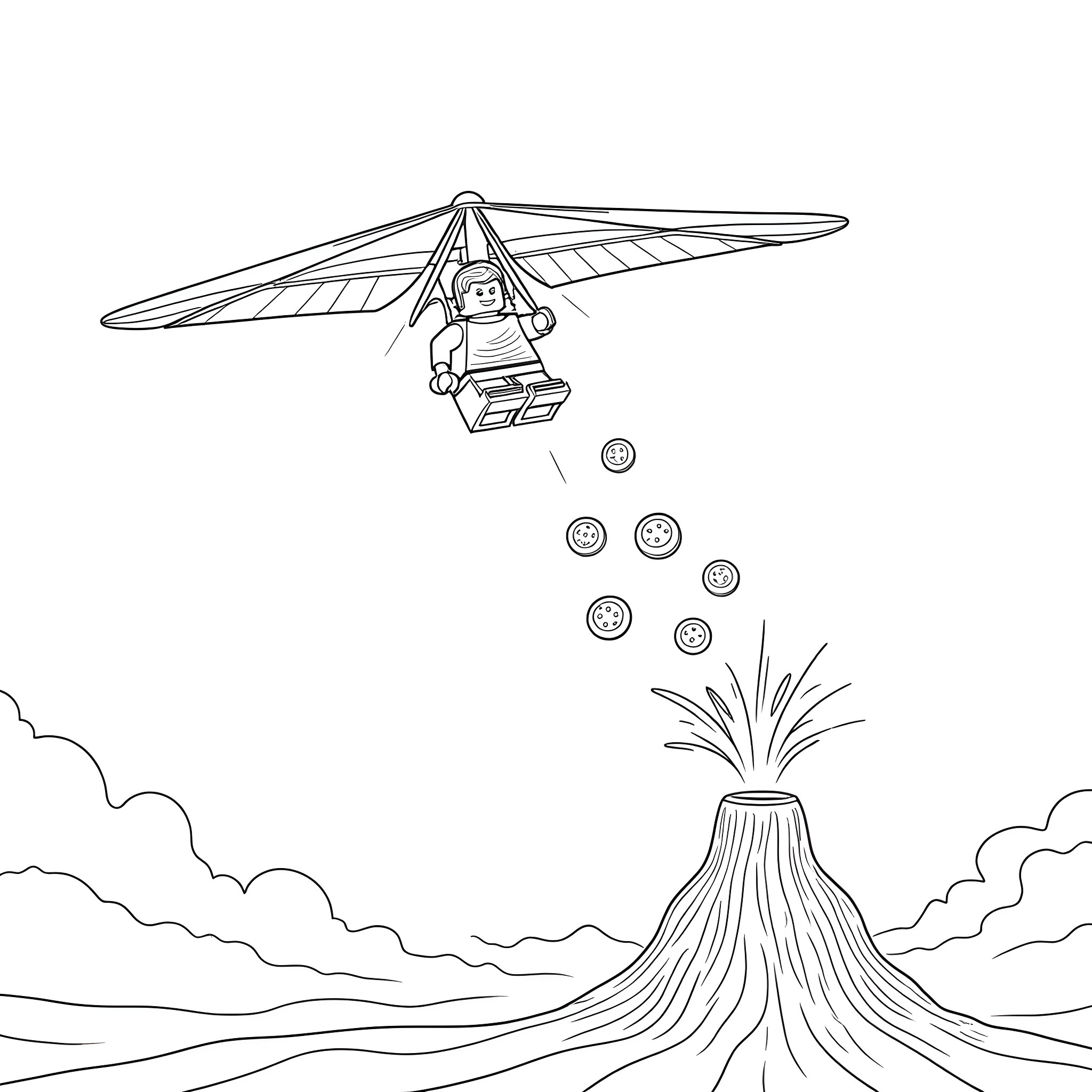 Lego Man in a Glider Soaring Over a Volcano Coloring Page (free black-and-white line drawing printable PDF for all, from beginners to advanced learners, including children, teens, adults, and seniors)
