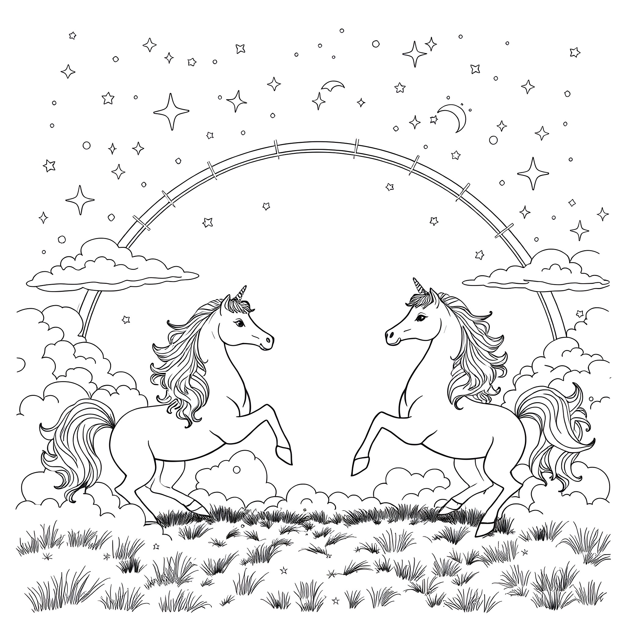 Unicorn Duo Frolicking Under Starry Sky Coloring Page (free black-and-white line drawing printable PDF for all, from beginners to advanced learners, including children, teens, adults, and seniors)
