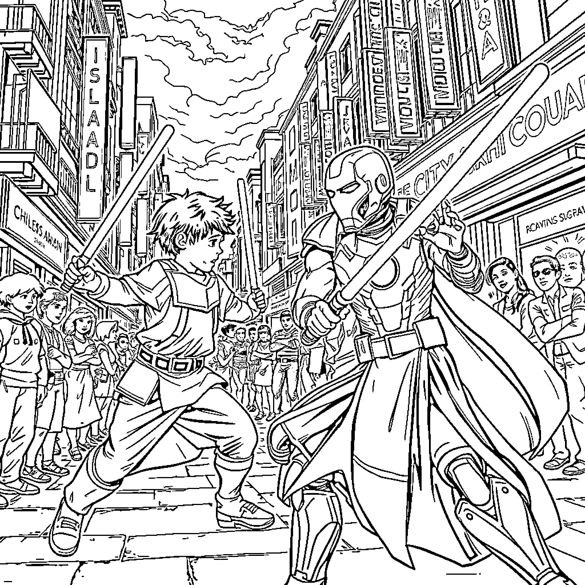 Jedi Knights Battling in the City Streets Coloring Page (free black-and-white line drawing printable PDF for all, from beginners to advanced learners, including children, teens, adults, and seniors)