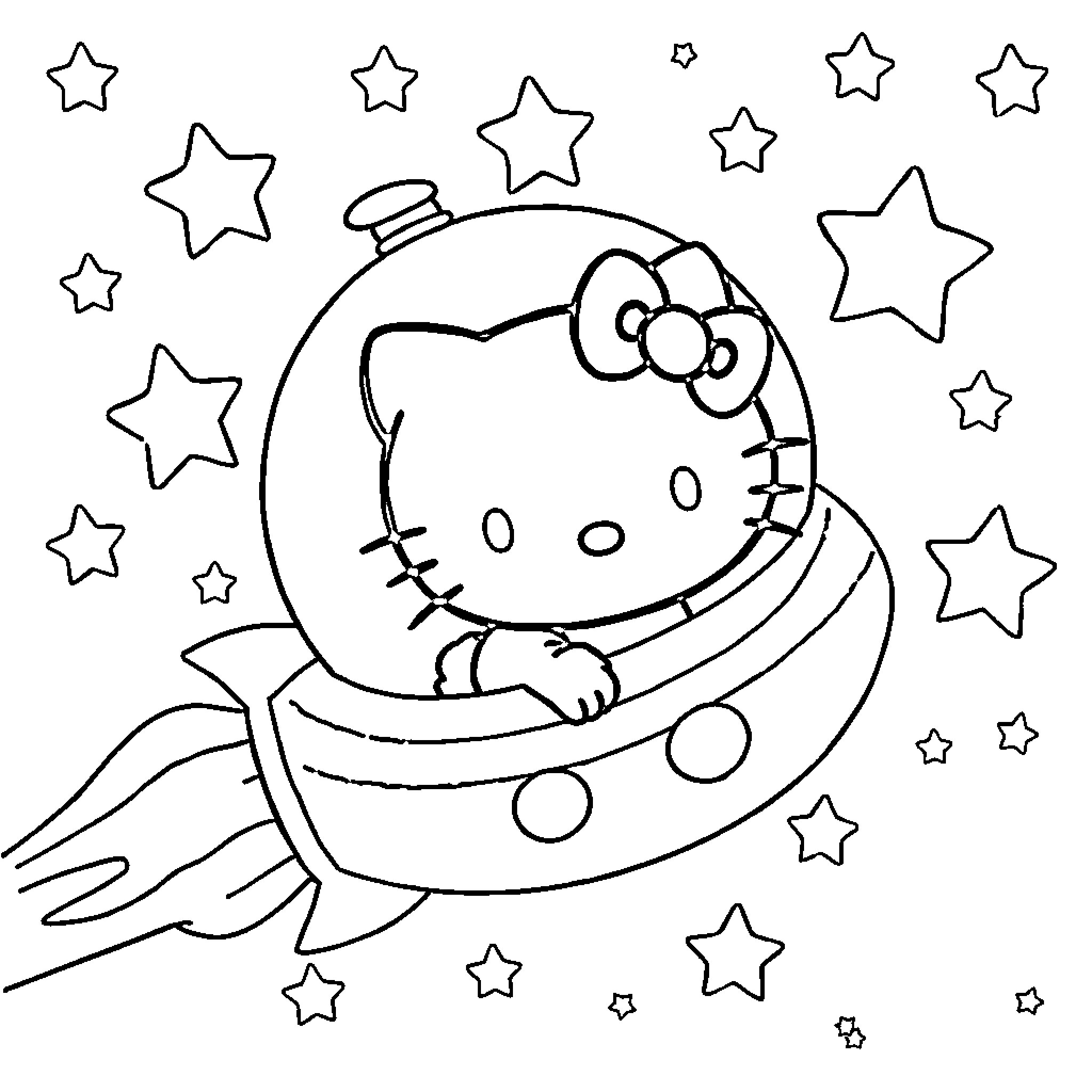 Hello Kitty exploring the starry cosmos Coloring Page (free black-and-white line drawing printable PDF for all, from beginners to advanced learners, including children, teens, adults, and seniors)