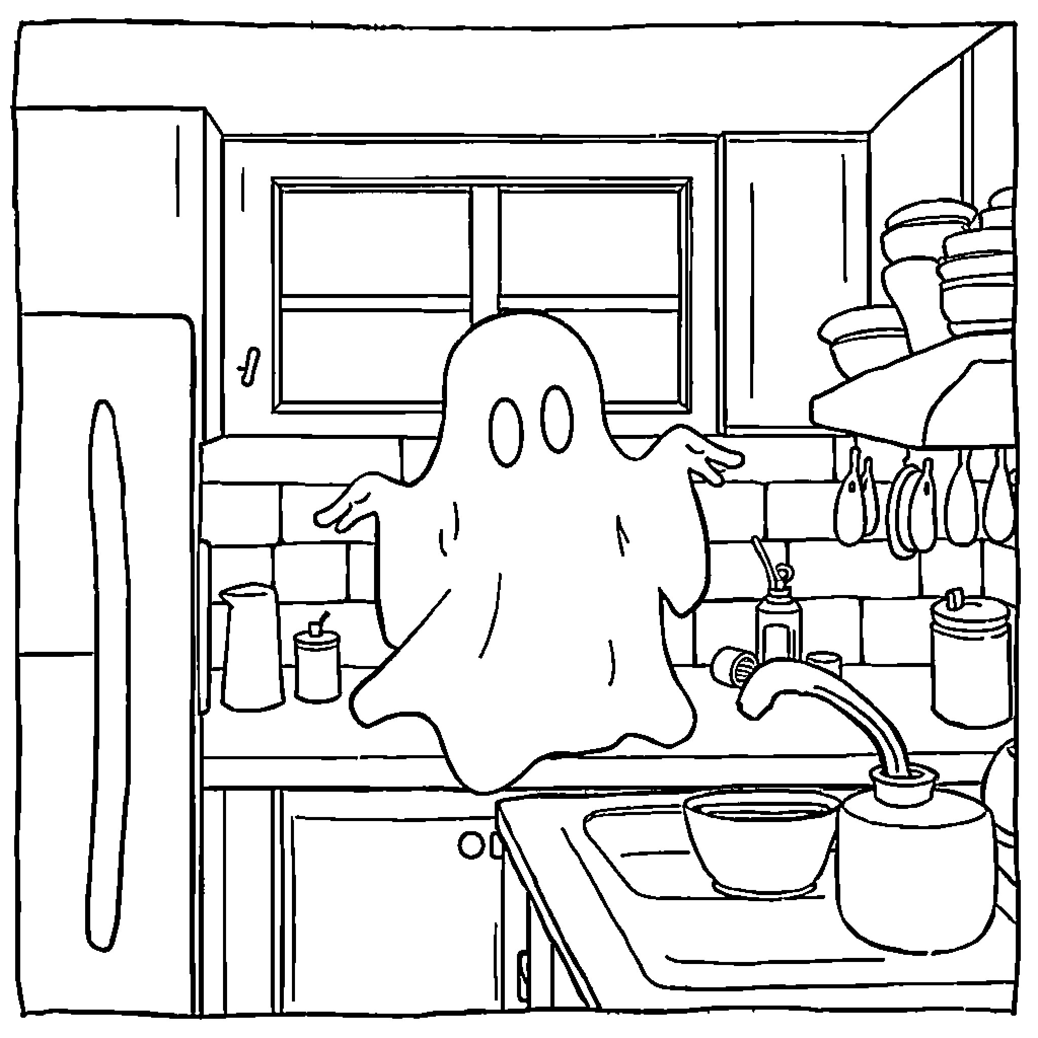 Ghost preparing a spooky meal in the kitchen Coloring Page (free black-and-white line drawing printable PDF for all, from beginners to advanced learners, including children, teens, adults, and seniors)
