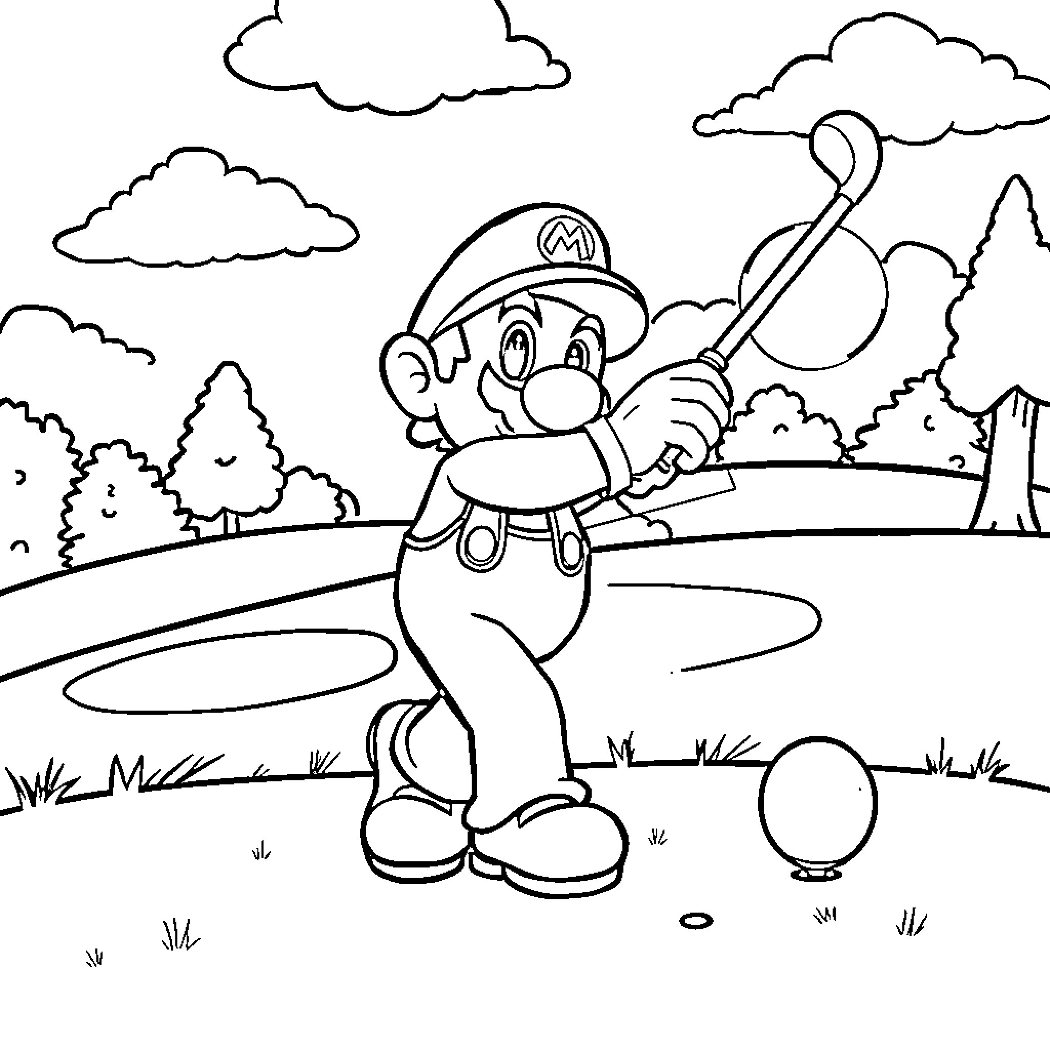 Mario golfing in the park Coloring Page (free black-and-white line drawing printable PDF for all, from beginners to advanced learners, including children, teens, adults, and seniors)
