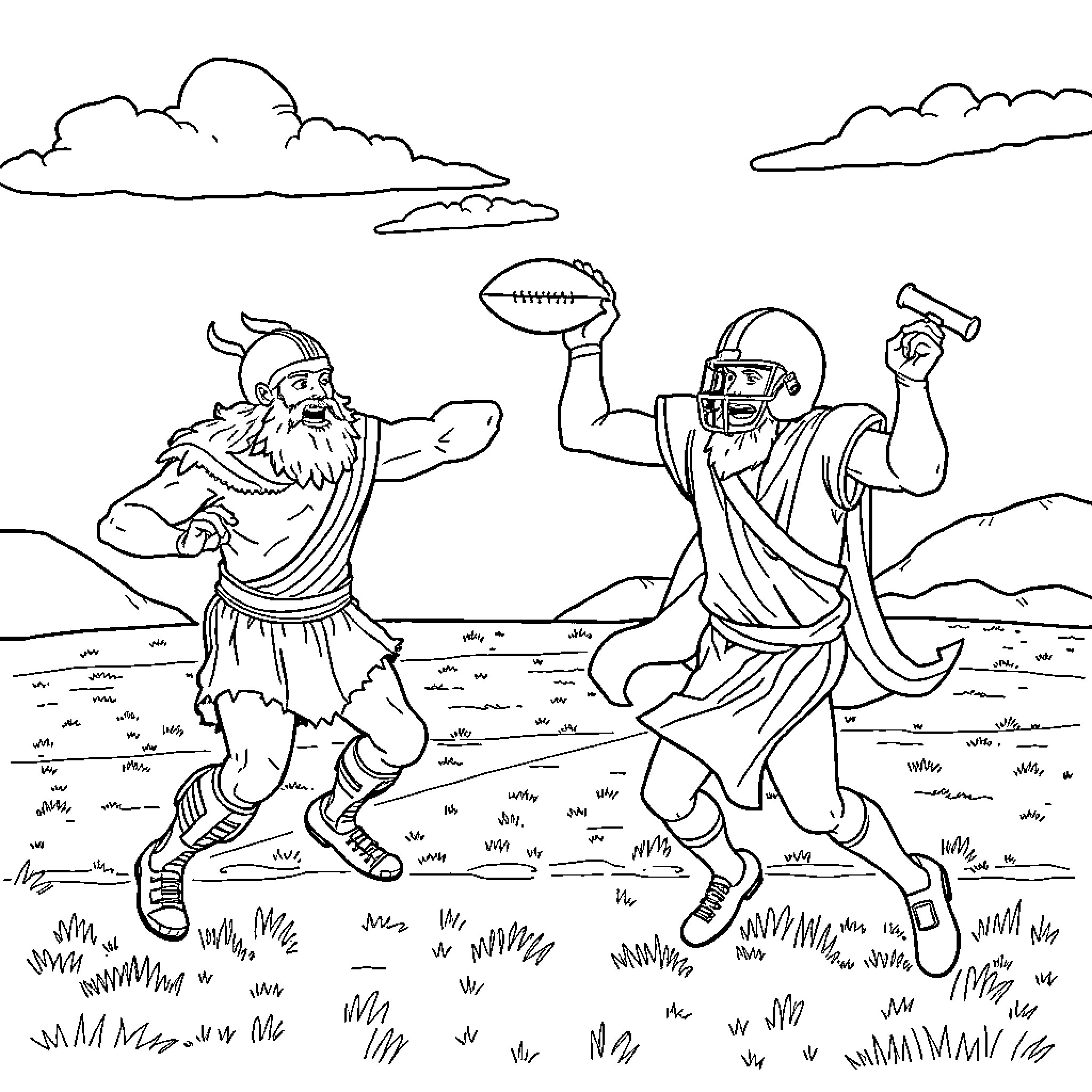 Samson's Heroic Football Match Coloring Page (free black-and-white line drawing printable PDF for all, from beginners to advanced learners, including children, teens, adults, and seniors)