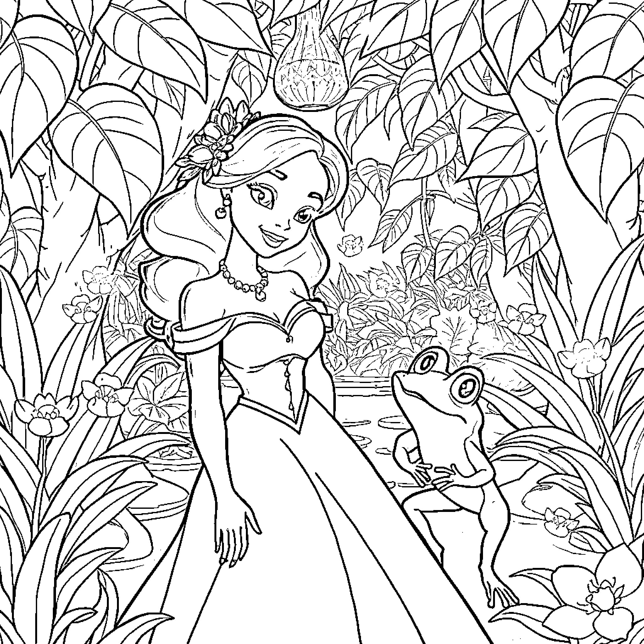 Tiana's Enchanting Encounter with Nature Coloring Page (free black-and-white line drawing printable PDF for all, from beginners to advanced learners, including children, teens, adults, and seniors)
