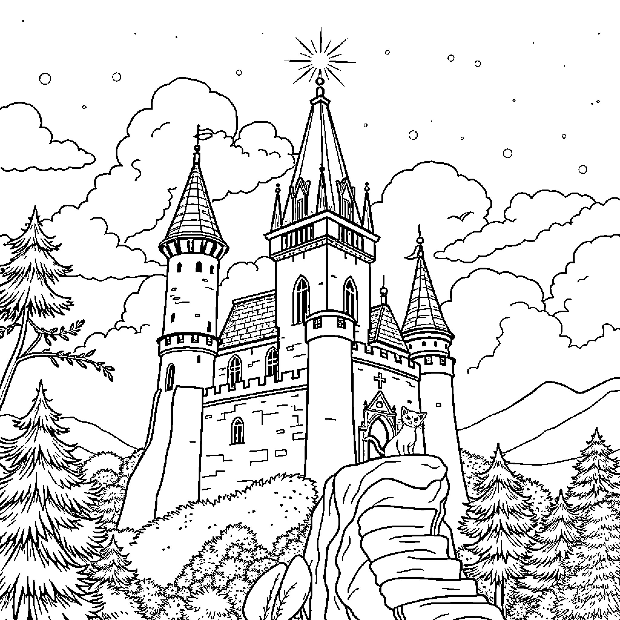 Castillo of Grand Castle in the Snowy Landscape Coloring Page (free black-and-white line drawing printable PDF for all, from beginners to advanced learners, including children, teens, adults, and seniors)