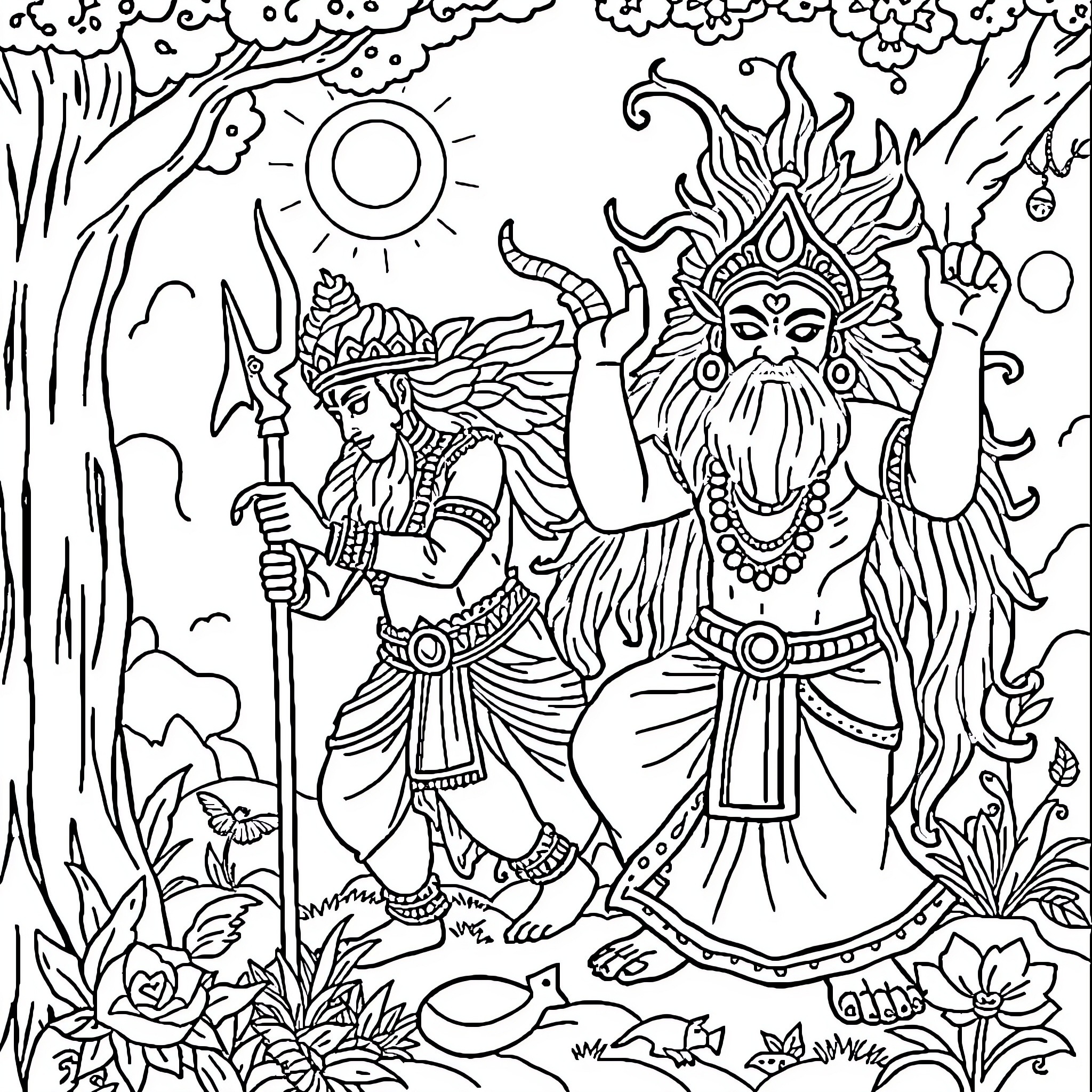 Mythology of Mythological Deities in Nature Coloring Page (free black-and-white line drawing printable PDF for all, from beginners to advanced learners, including children, teens, adults, and seniors)
