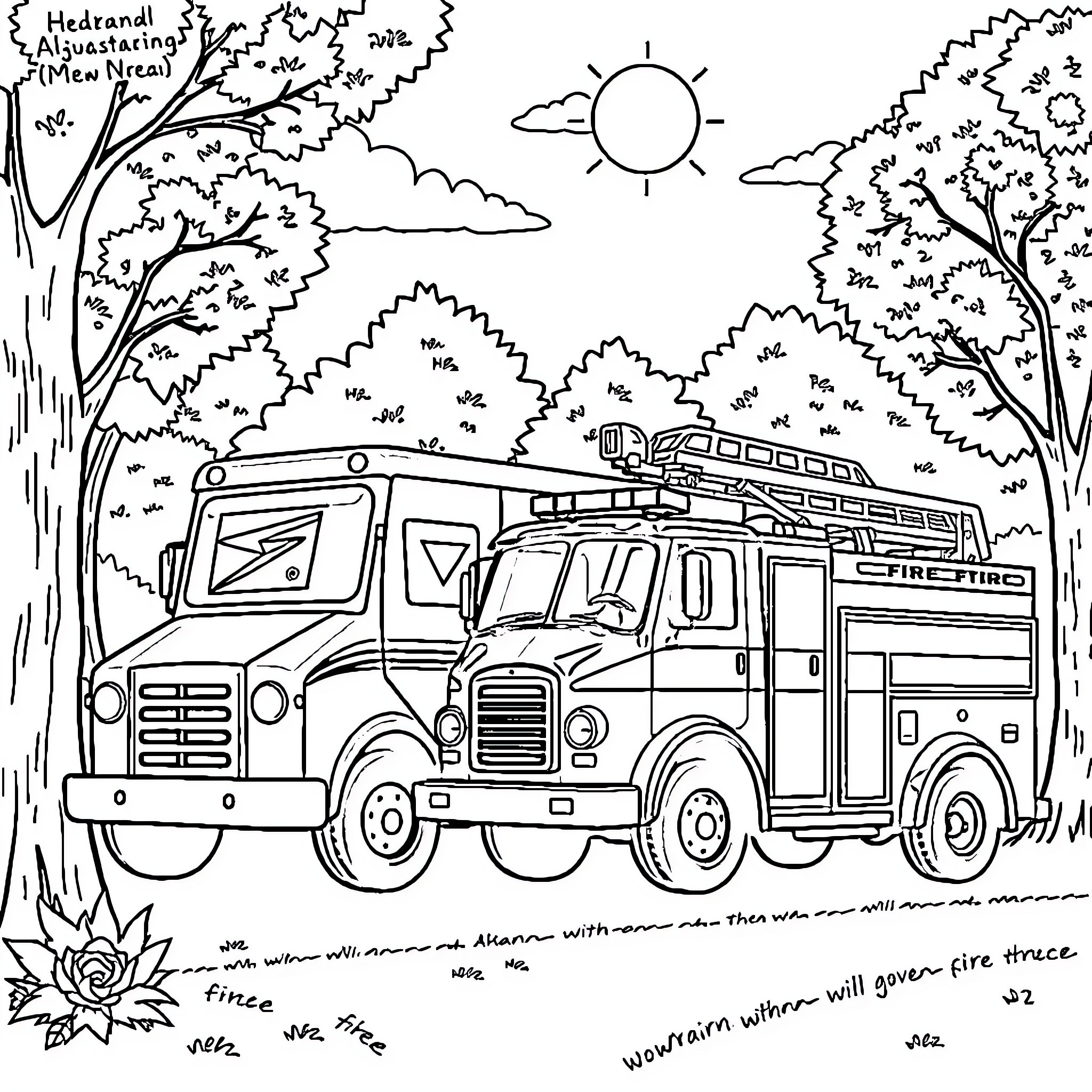 Truck fire engine rushing through nature Coloring Page (free black-and-white line drawing printable PDF for all, from beginners to advanced learners, including children, teens, adults, and seniors)
