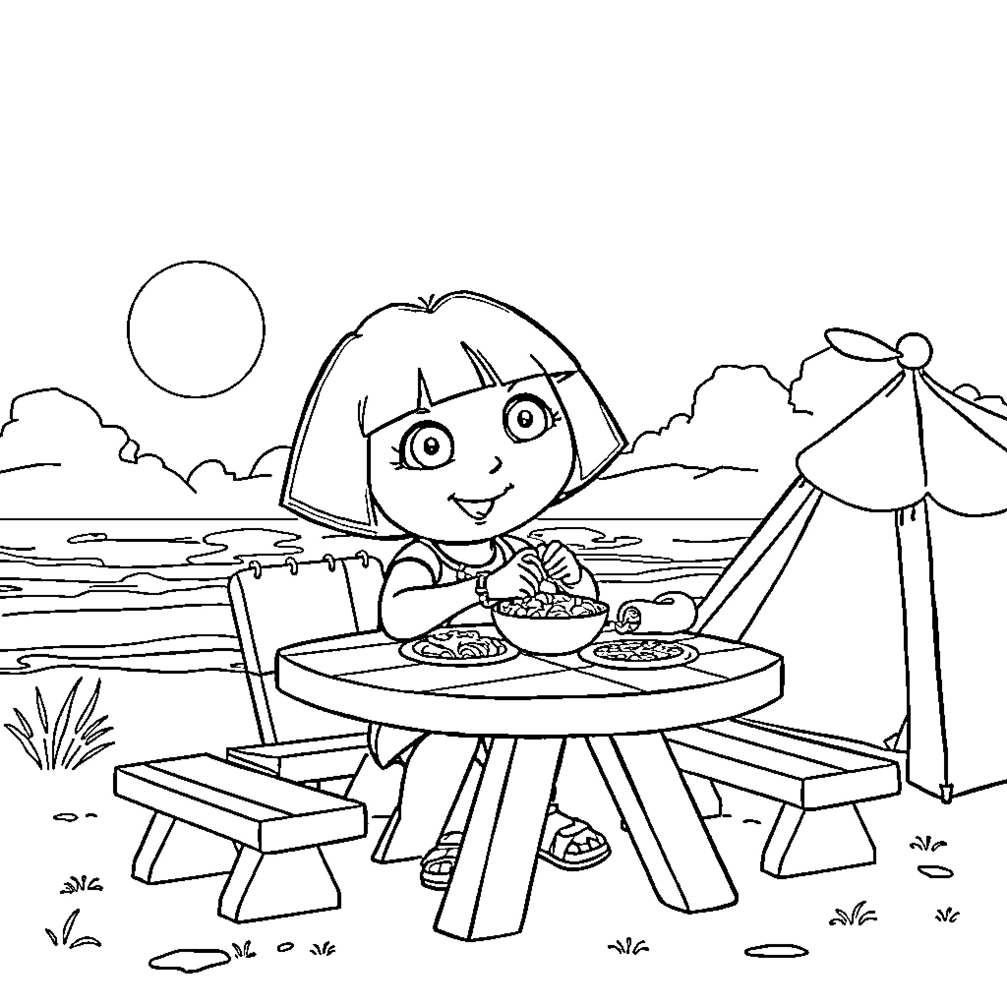 Dora enjoying a picnic in the park Coloring Page (free black-and-white line drawing printable PDF for all, from beginners to advanced learners, including children, teens, adults, and seniors)