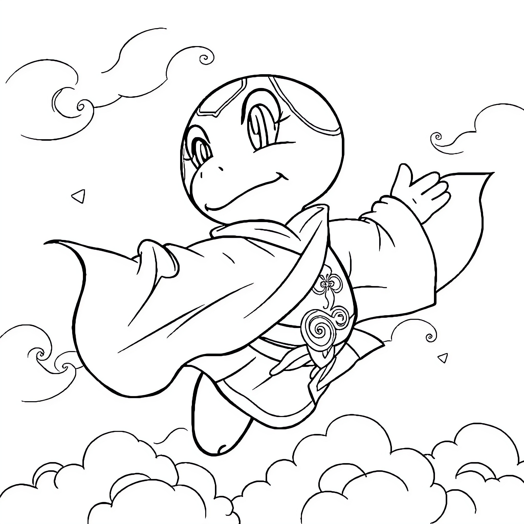 Toad soaring through whimsical clouds Coloring Page (free black-and-white line drawing printable PDF for all, from beginners to advanced learners, including children, teens, adults, and seniors)