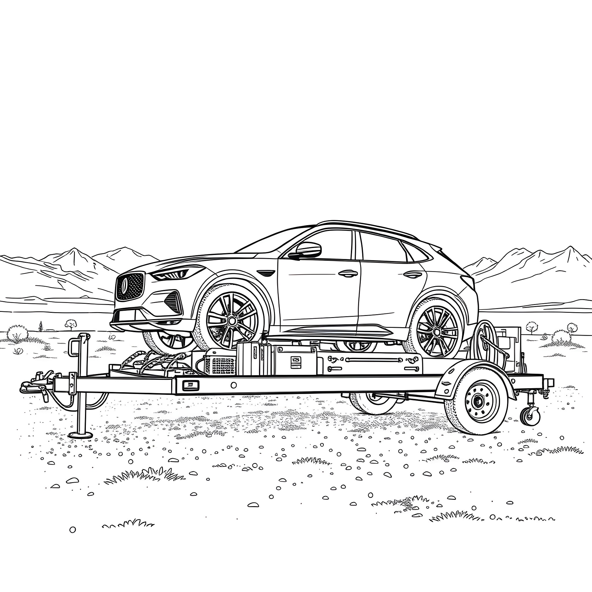Car Trailer Transporting Modern SUV in Mountainous Terrain Coloring Page (free black-and-white line drawing printable PDF for all, from beginners to advanced learners, including children, teens, adults, and seniors)